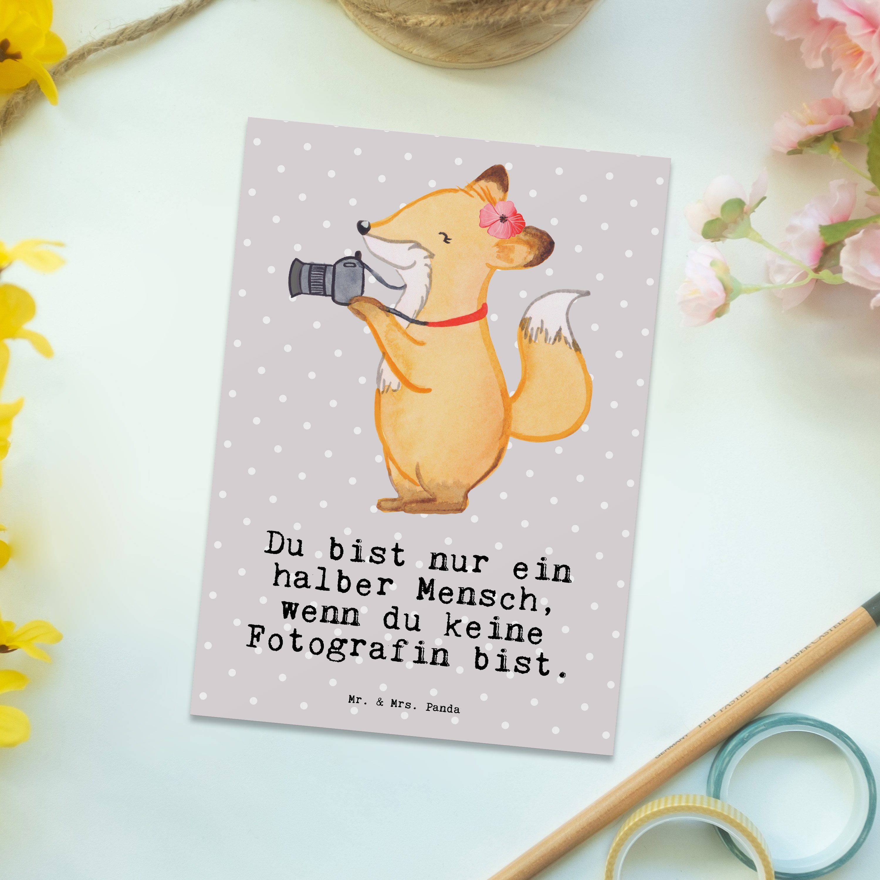 Foto Mrs. Mr. Grau & Postkarte Fotografin - mit Herz Geschenk, Kollegin, - Pastell Panda Urlaub,