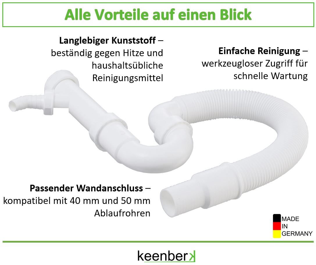keenberk Siphon flexibel Küche mit Geräteanschluss 1 1/2 Zoll mit 40 / 50 mm Anschluss