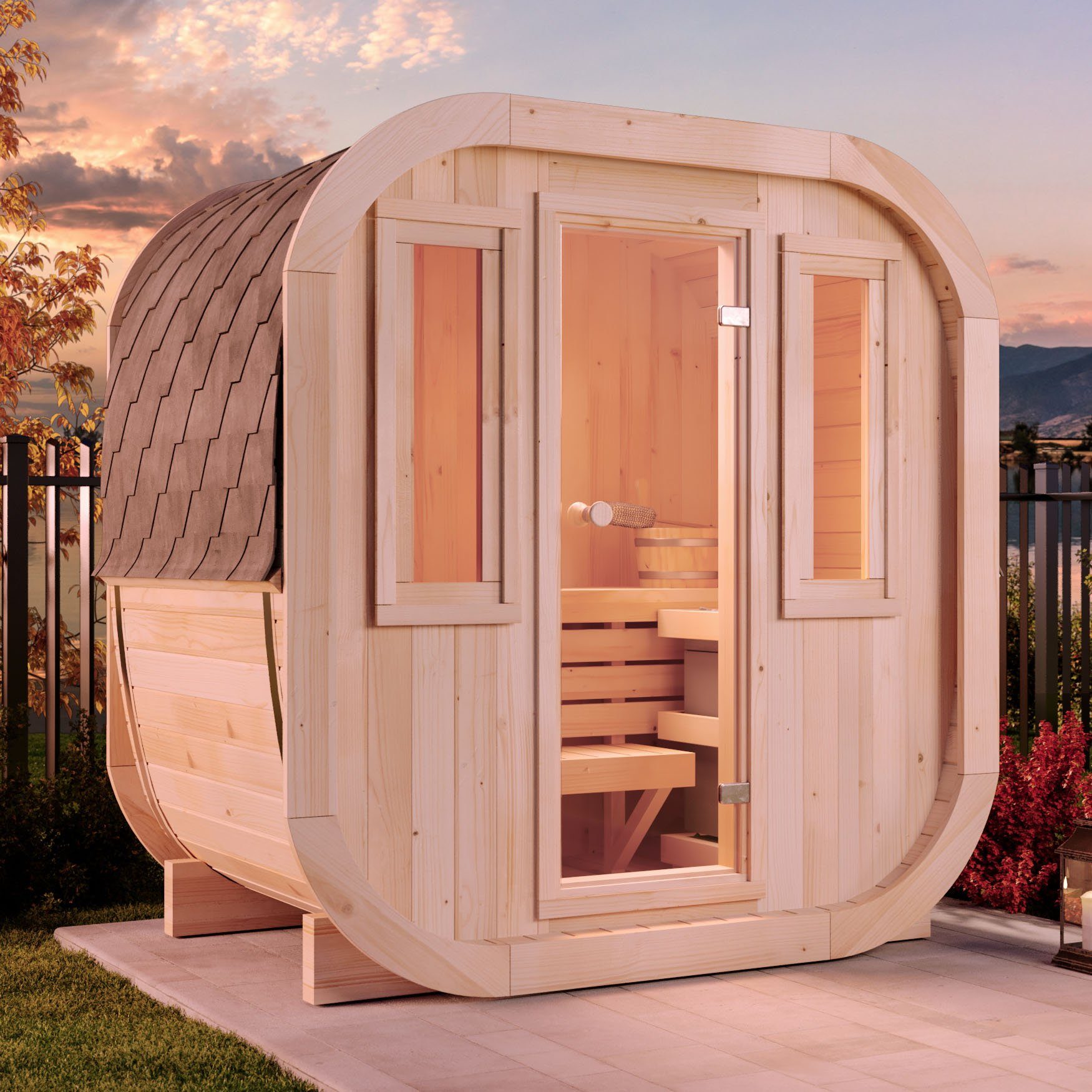 FinnTherm Fasssauna ScandiCube Mini XXS, BxTxH: 210 x 136 x 214 cm, 42 mm, in Natur - Thermoholz Mit 2 Fenstern
