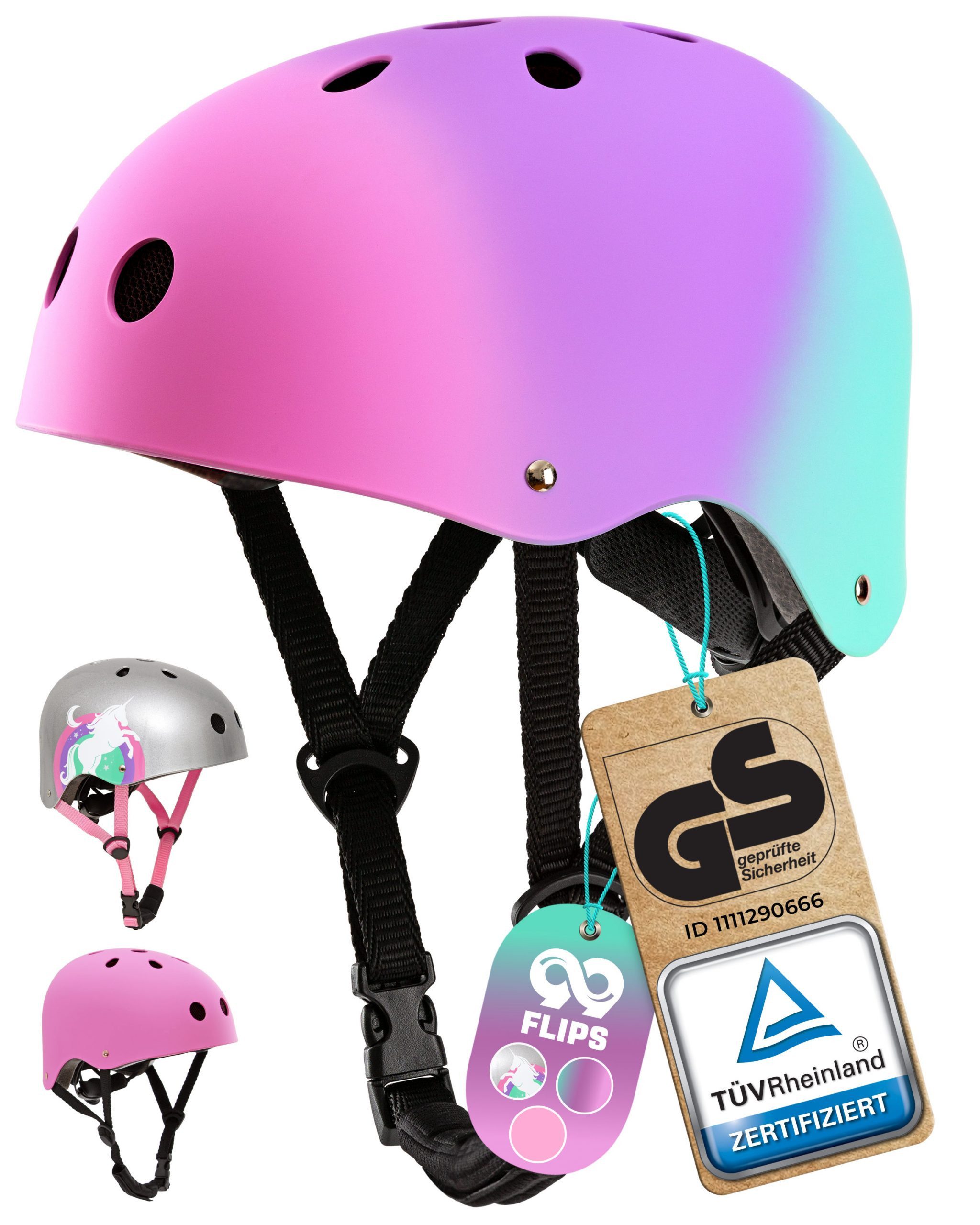 99FLIPS Fahrradhelm Mädchen ab 3 Jahre Skateboard Helm Kinder Einhorn Design, Kinderhelm Inliner Fahrrad Helm Pink Kleinkinder Schlittschuhe