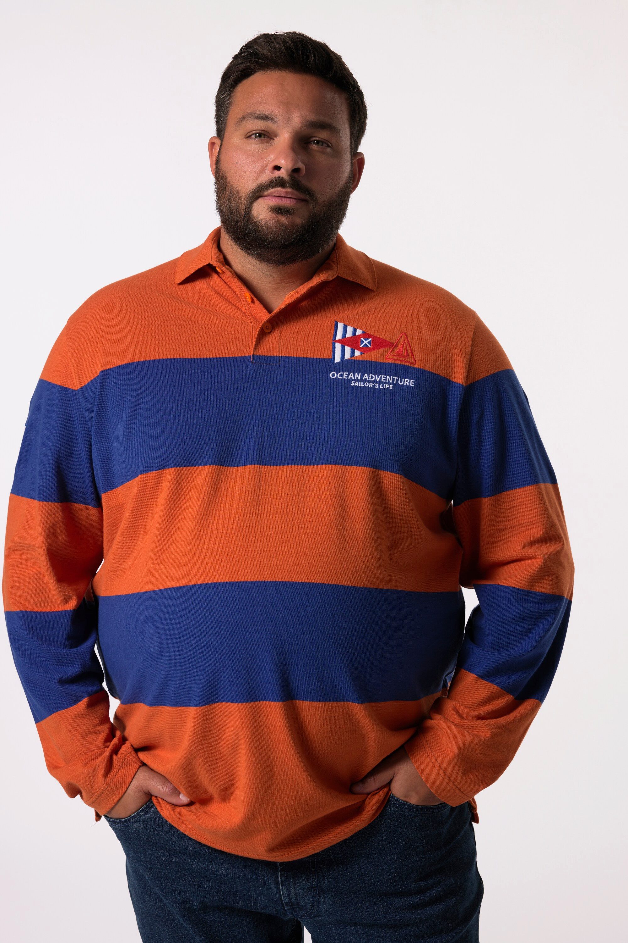 Men Plus Poloshirt Poloshirt Langarm Ringel-Piqué günstig online kaufen