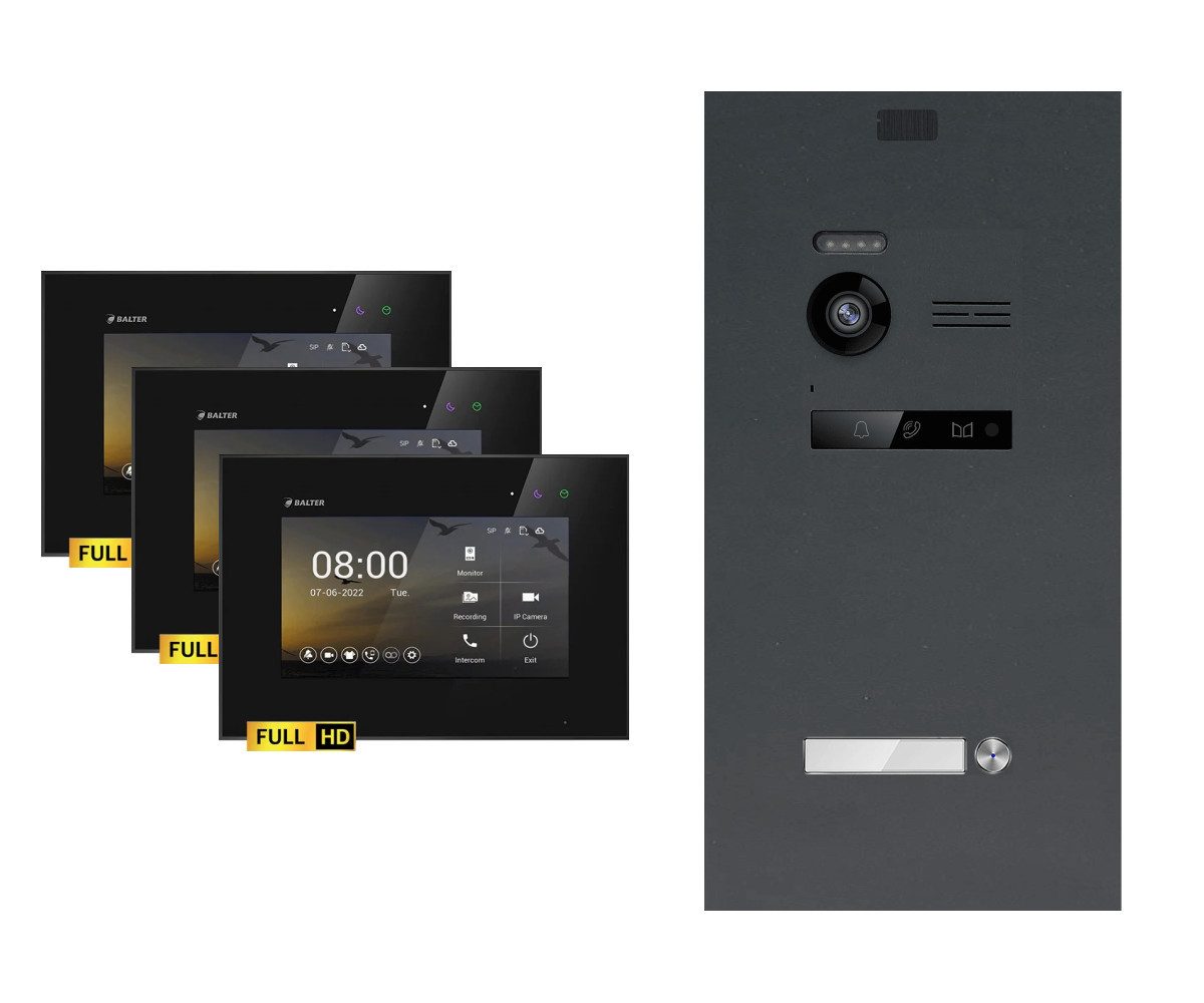 Balter Video-Türsprechanlage EVO-HD Komplettsystem 1-Familie Anthrazit 3x 7" Monitore Schwarz (Set, 1-Familienhaus, Komplettset, FullHD Kamera, Touchscreen)