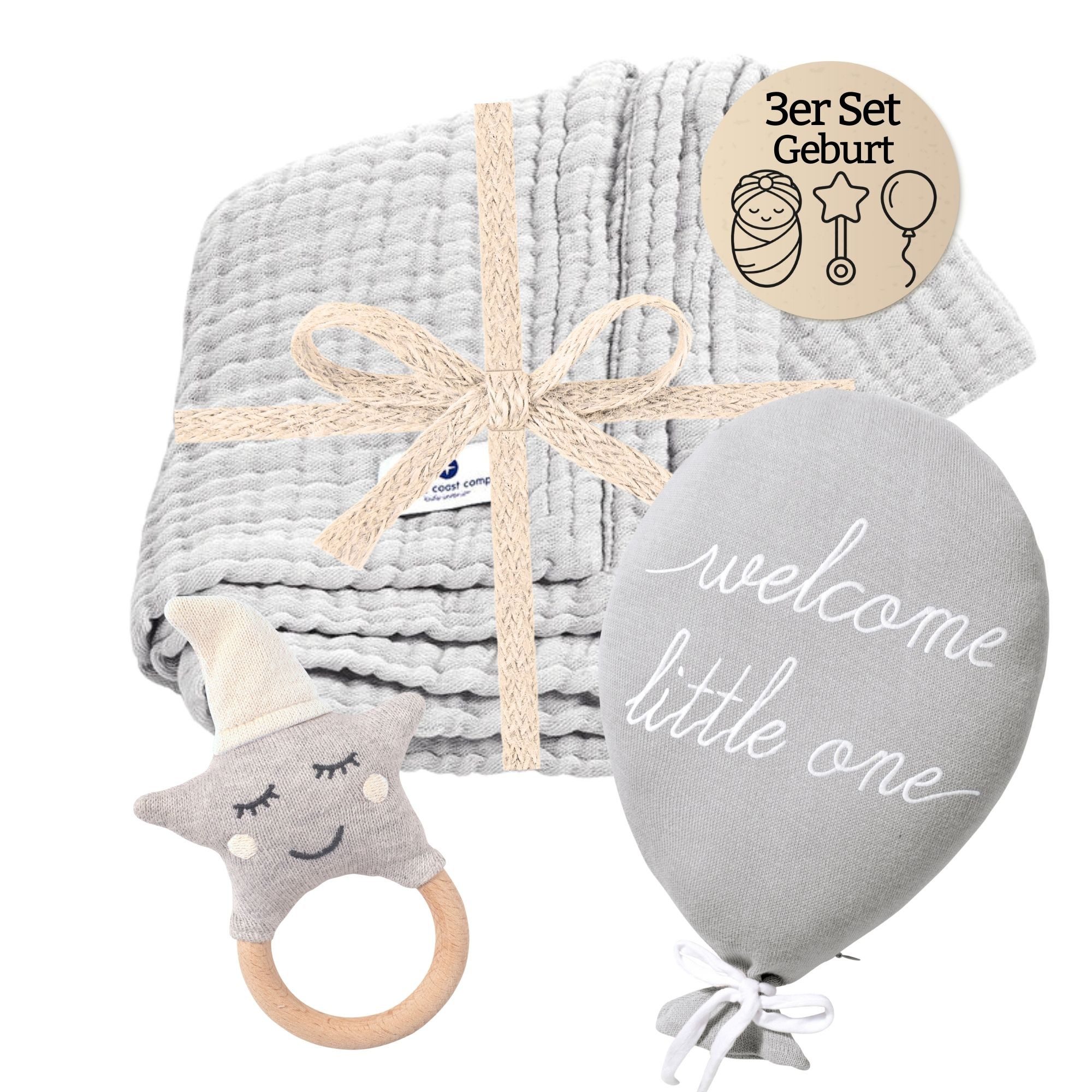 Nordic Coast Company Neugeborenen-Geschenkset Baby Geschenk 3er Set Geburt (3 tgl. Ballon, Kuscheldecke und Rassel) Geschenk-set, Geburt & Taufe, Babygeschenk Junge Mädchen, Babyshower