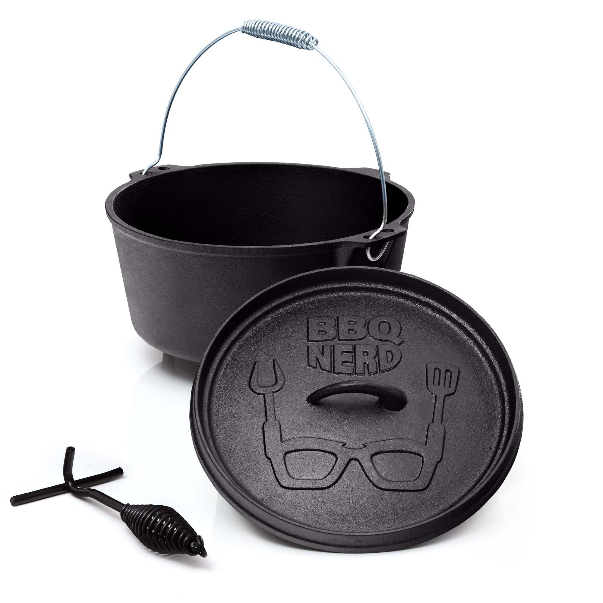 BBQ Nerd Feuertopf Starter mit Füßen, Gusseisen (Dutch Oven Bräter mit Deckel inkl. Deckelheber , bereits eingebrannt - preseasoned, 3,1L / 5,5L 7,2L / 10,7L), Feuerfester Grill & Camping Kochtopf, Grilltopf