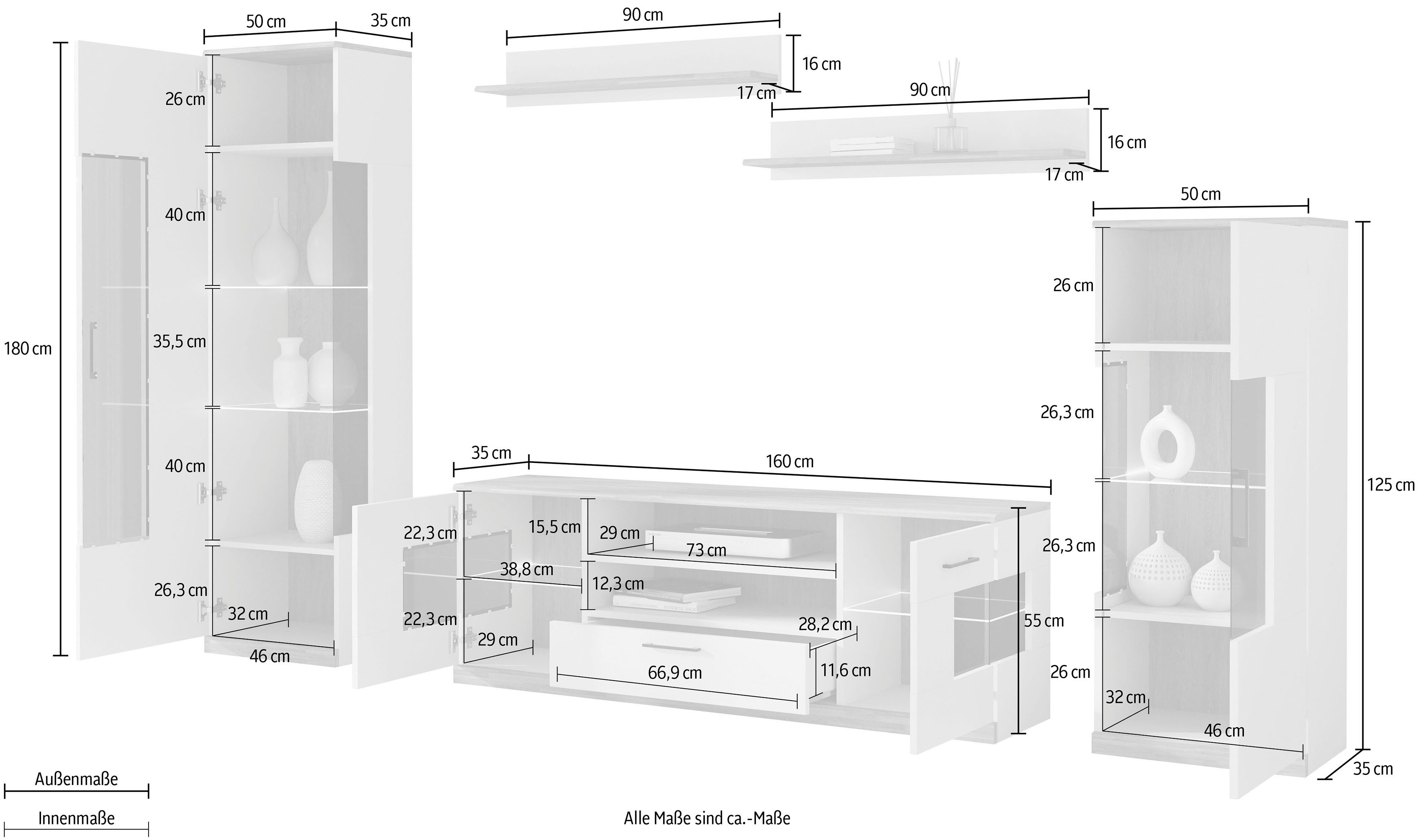 Home affaire Wohnwand Ribe Wohnwand Set-5 St., (Set, 5-St), Glaseinsatz aus gehärtetem Glas,Böden teilweise versetzbar