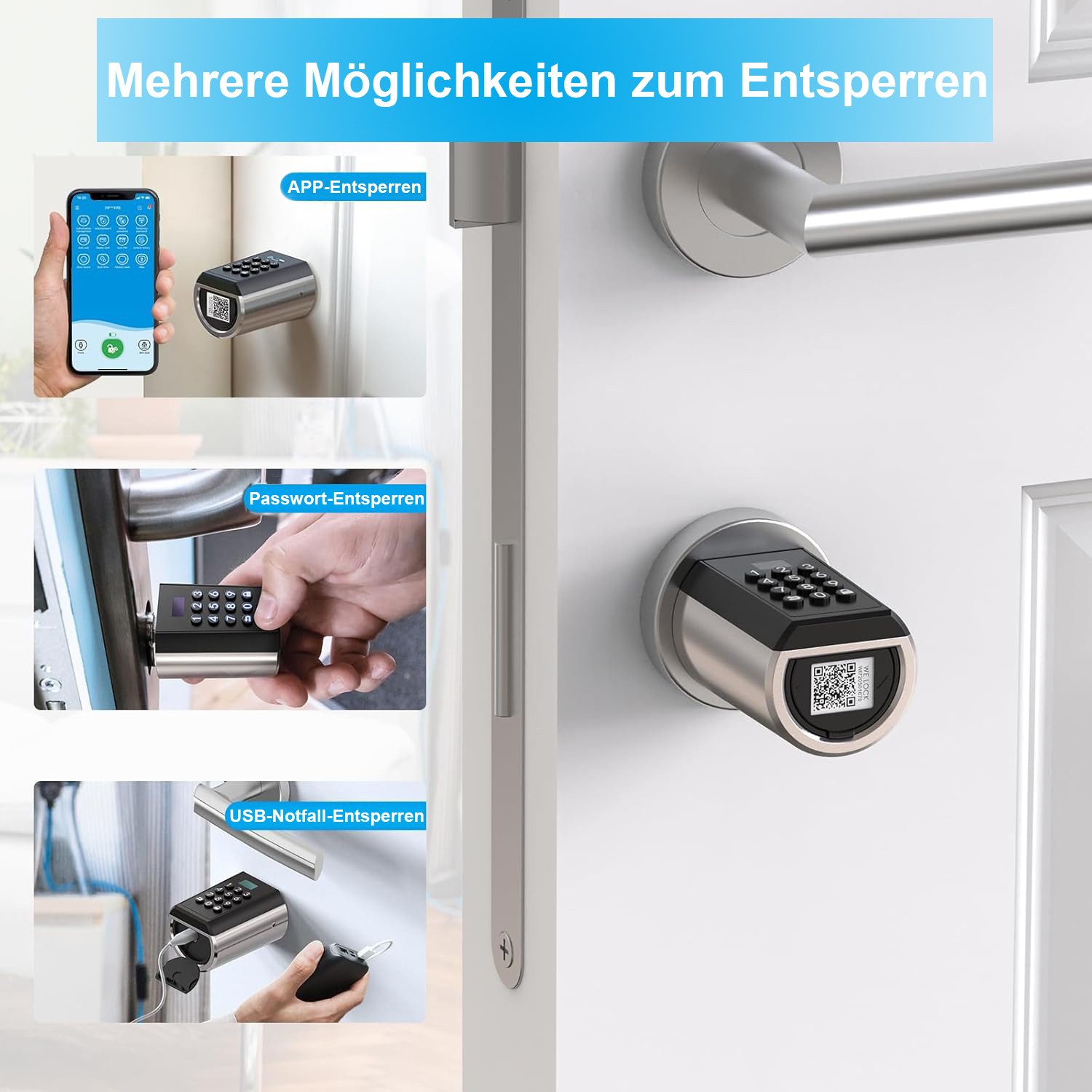 WE.LOCK Türschlossantrieb WELOCK Elektronisches Türschloss PBL41 für 50-100mm Türen, (Packung, Smartes türschloss x1, Anleitung x1, Zubehörbox x1), Passwort, APP, USB-Entsperrung; 5-Minuten-Installation