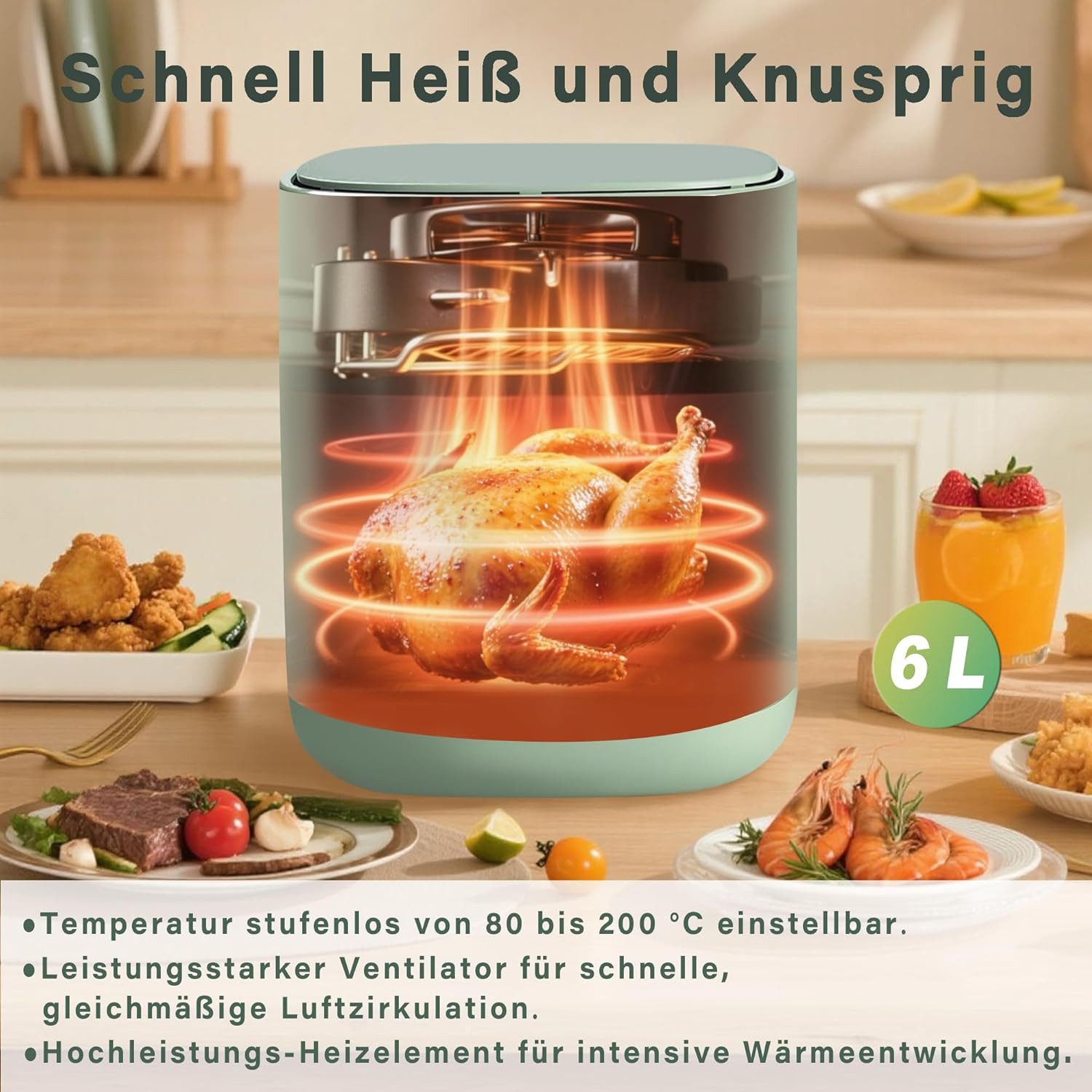 ZMH Heißluftfritteuse 6L Airfryer Einzelkorb Sichtfenster - 7 Garprogramme 11 Funktionen, 1500 W