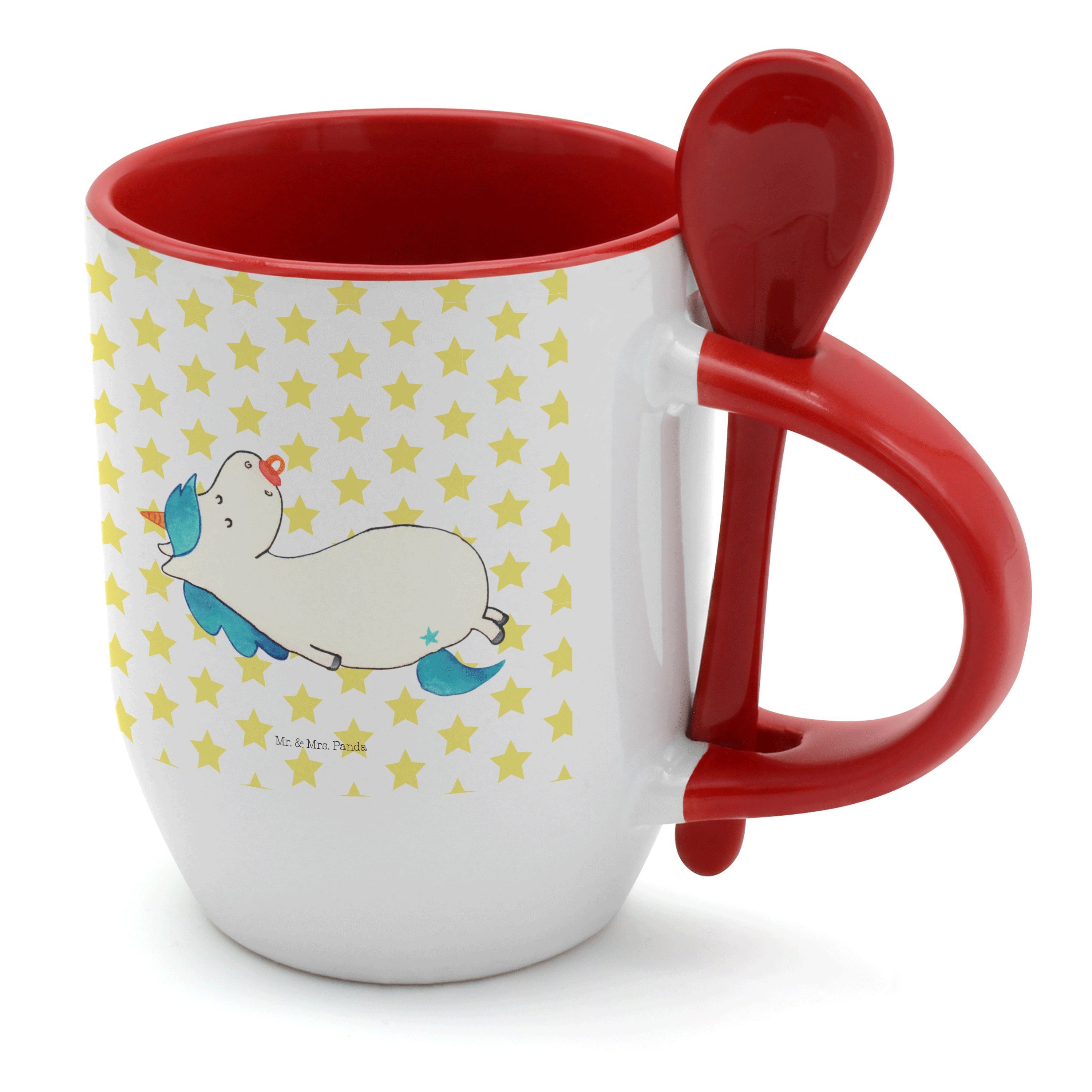 Mr. & Mrs. Panda Tasse Einhorn Schnullie - Weiß - Geschenk, Tasse mit Löffel, Tassen, Unicor, Keramik