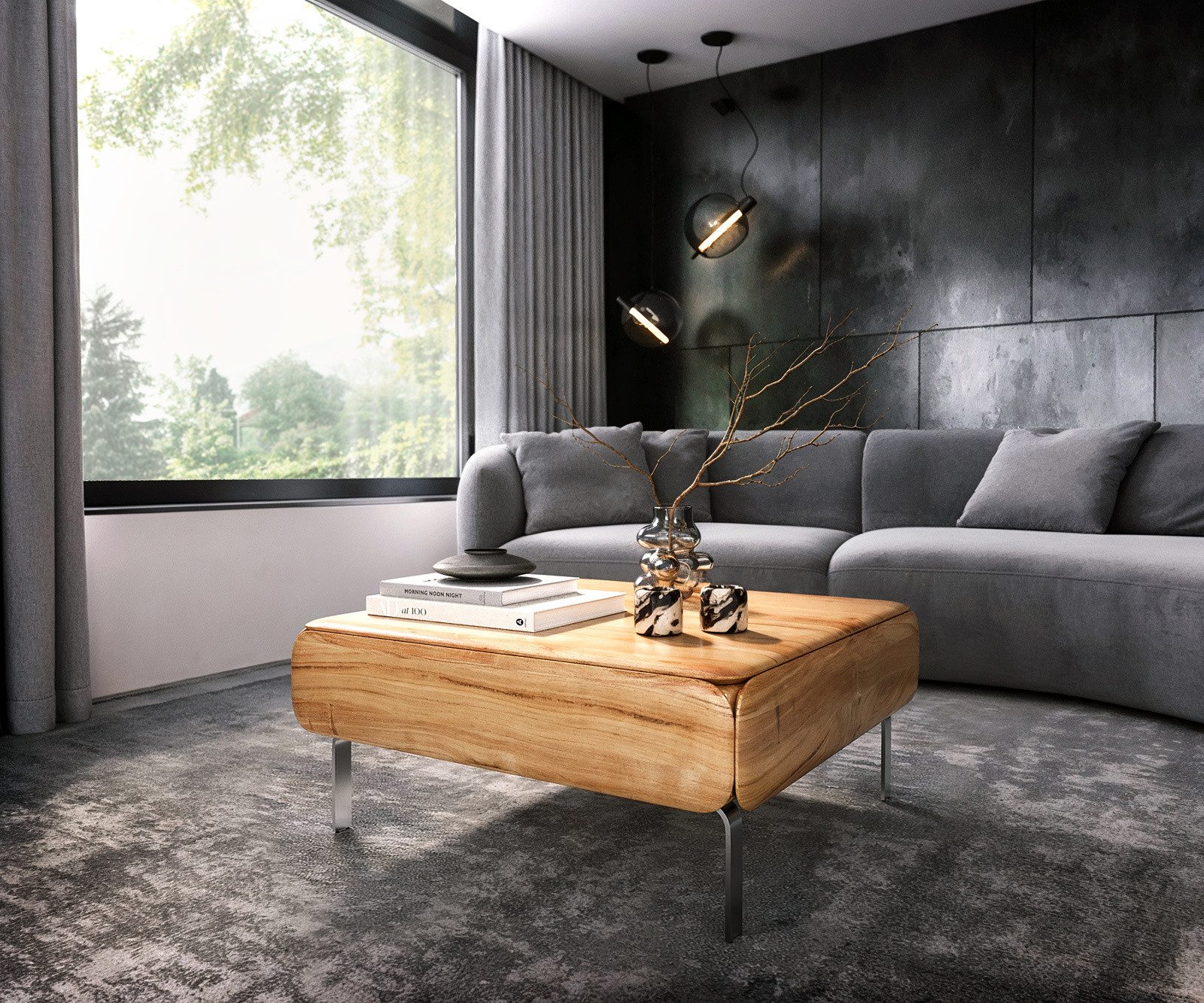 DELIFE Couchtisch Shavani, Akazie Natur 90x90 cm 2 Schubladen L-Fuß Edelstahl Silber