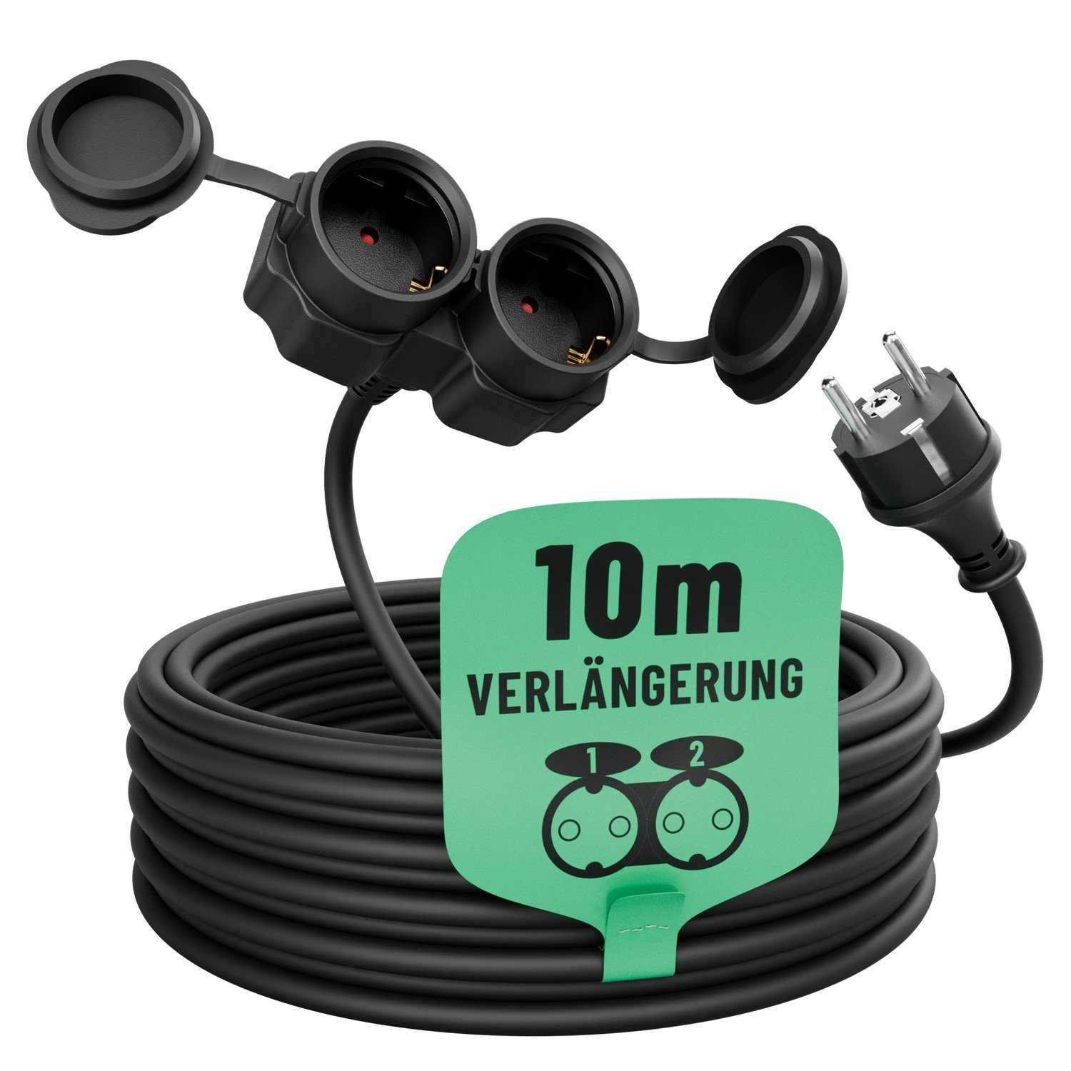 greate. 2fach Verlängerungskabel 10m - wasserdicht, Mehrfachsteckdose, 3500 W Verlängerungskabel, (1000 cm)