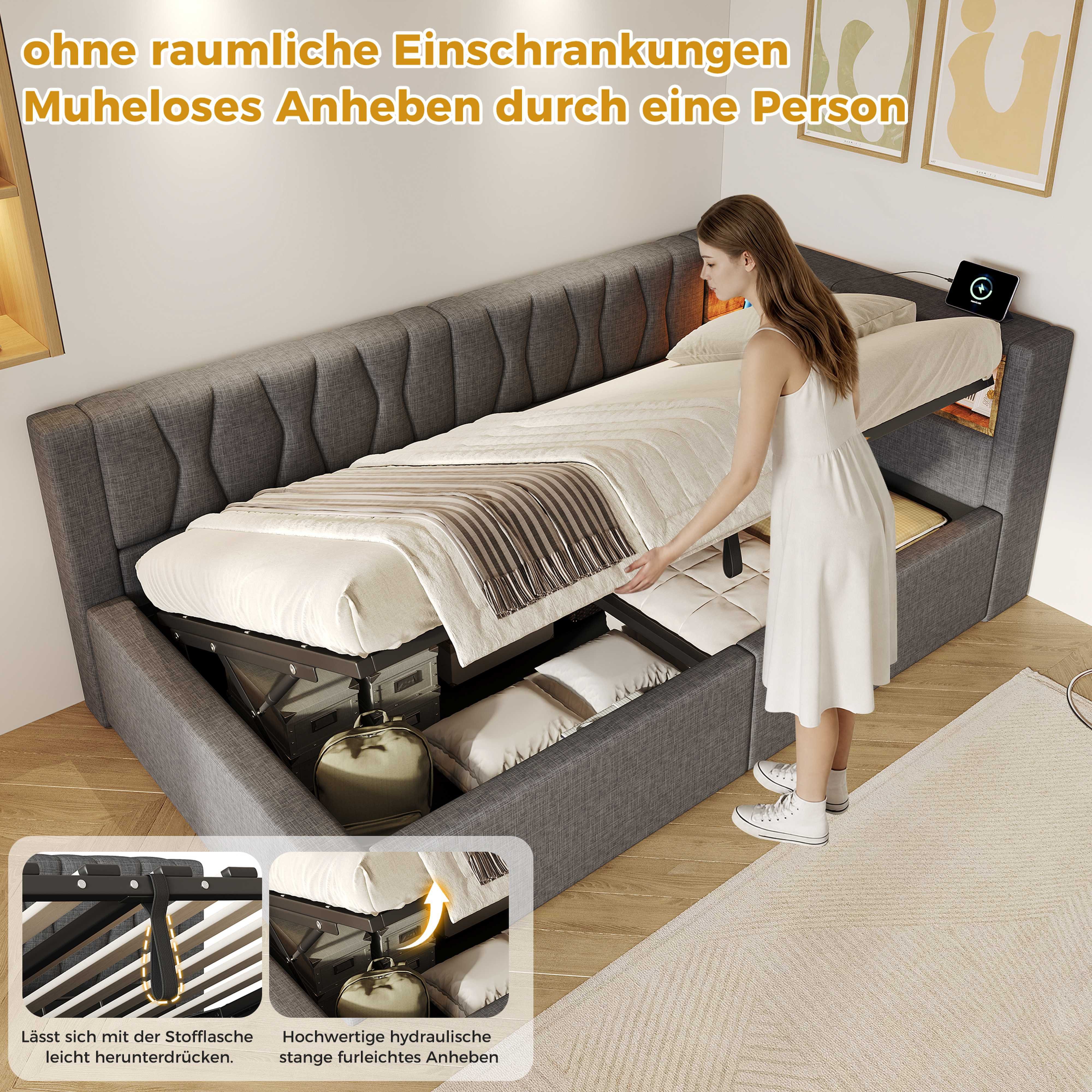 BlingBin Polsterbett 90/140×200 cm Schlafsofa Tagesbett Daybett mit Stauraum LED USB (2 Packung, 1-tlg., mit hydraulischem Bettkasten,offenem Regalbereich, USB Anschluss), mit Lattenrost Jugendbett Kinderbett Gästebett, Leinen,ohne Matratze