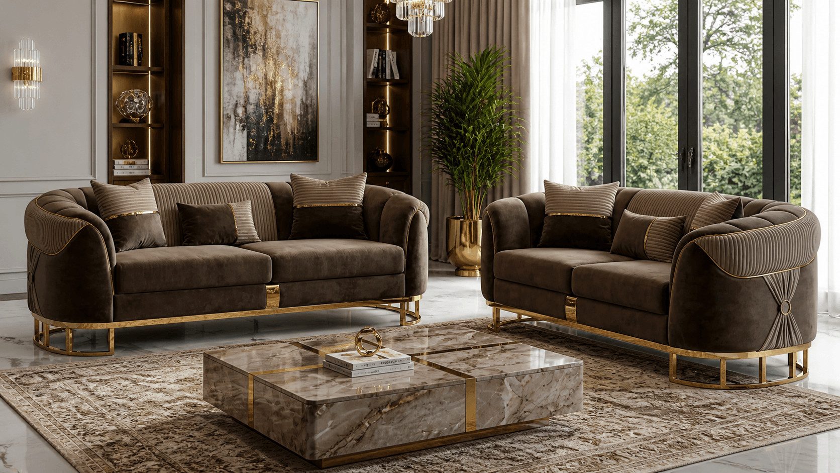 JVmoebel Polstergarnitur Braunes Wohnzimmer Couchset Exklusiver 3-Sitzer Edelstahlfüße 2tlg, (2-tlg), Made in Europa