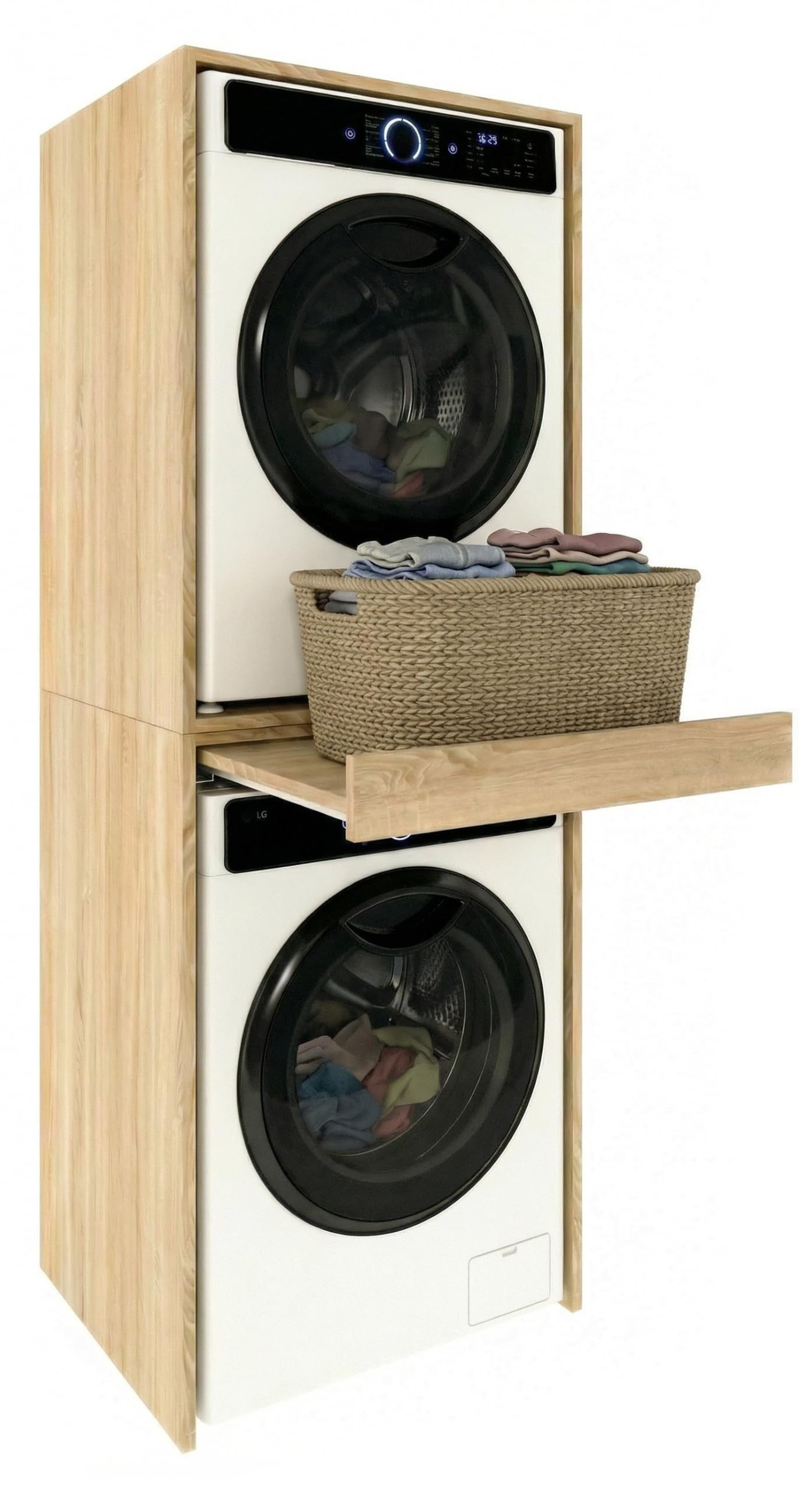 TREND WERK Waschmaschinenumbauschrank 66×64×184 cm - für Waschmaschine & Trockner übereinander (Waschraum Möbel Schrank für Waschküche mit Stauraum) Waschturm für Waschmaschine & Trockner mit Ausziehbrett & Hochschrank