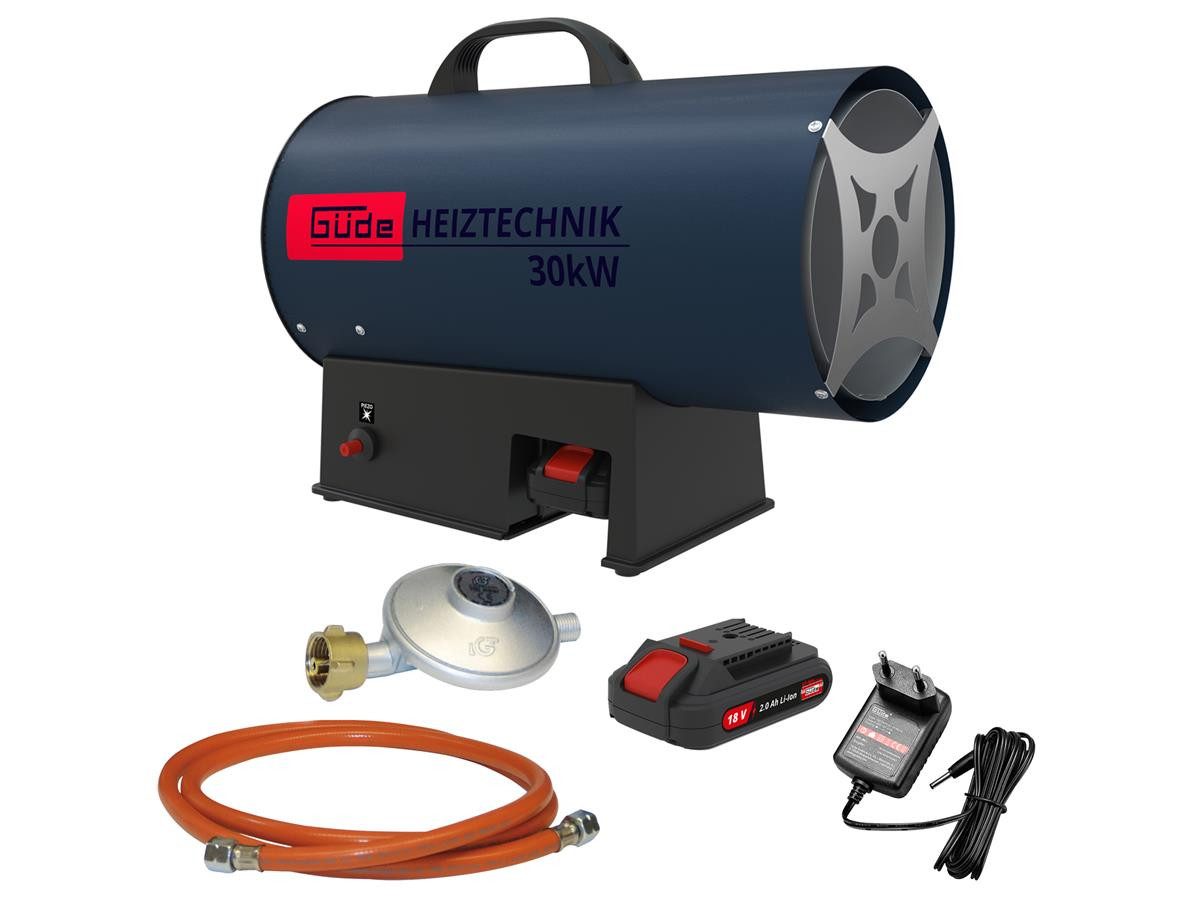 Güde Heizlüfter GH 18-201-05, 30000 W, inkl. Akku und Ladegerät, mit Gasschlauch 1,5 m