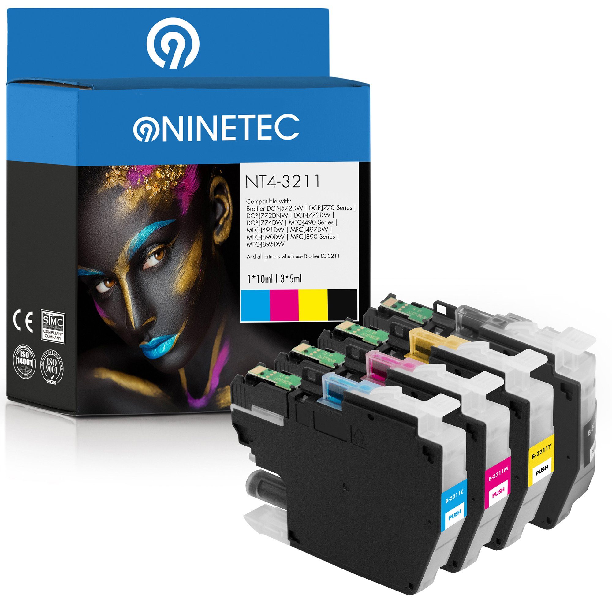 NINETEC 4er Set ersetzt Brother LC-3211 LC3211 Tintenpatrone