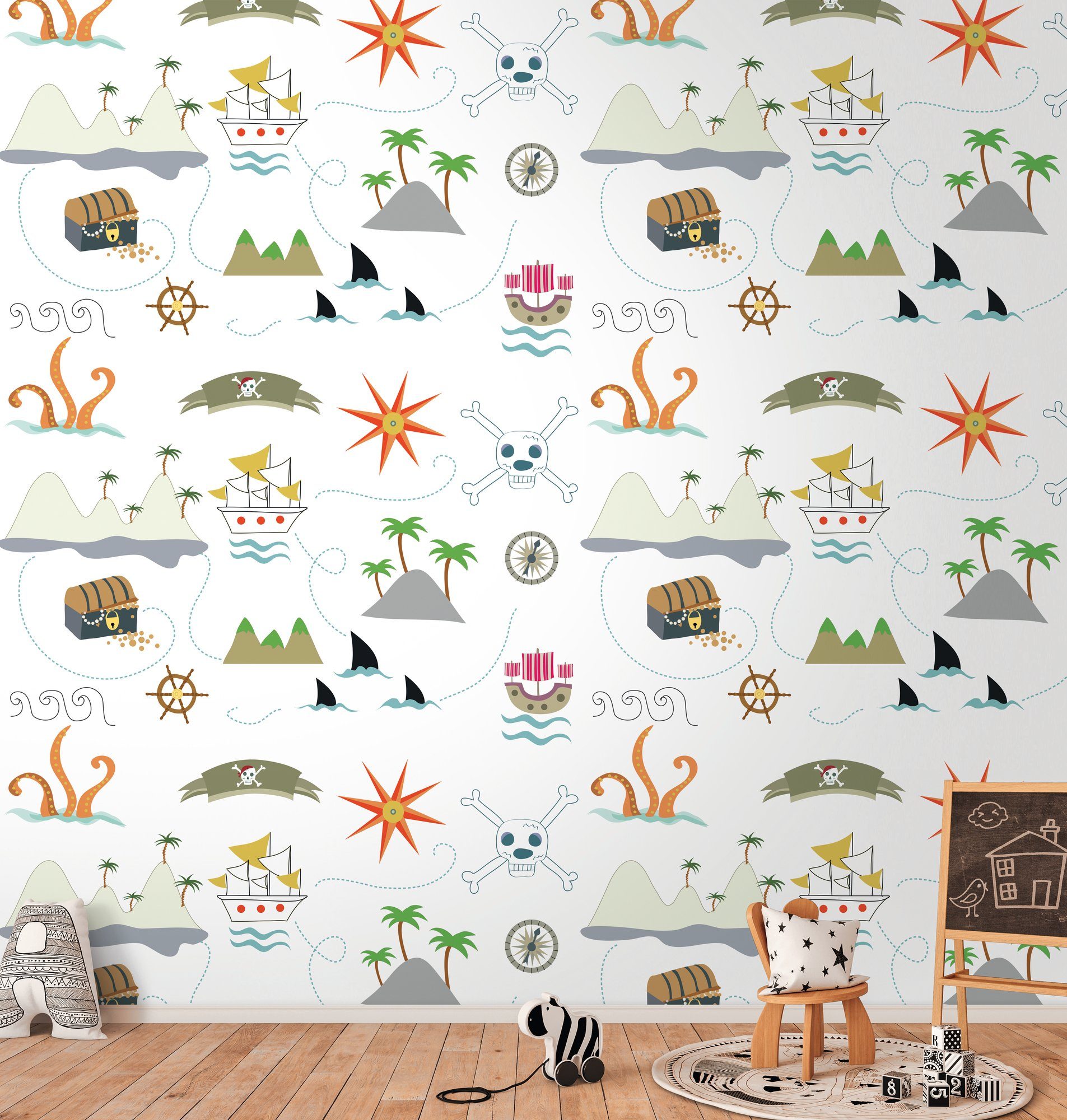 living walls Fototapete Kinderzimmertapete Piraten, glatt, matt, gemustert, neutral, (1 St), Fototapete Jungenzimmer Tapeten Kinderzimmer Schlafzimmer Design Optik