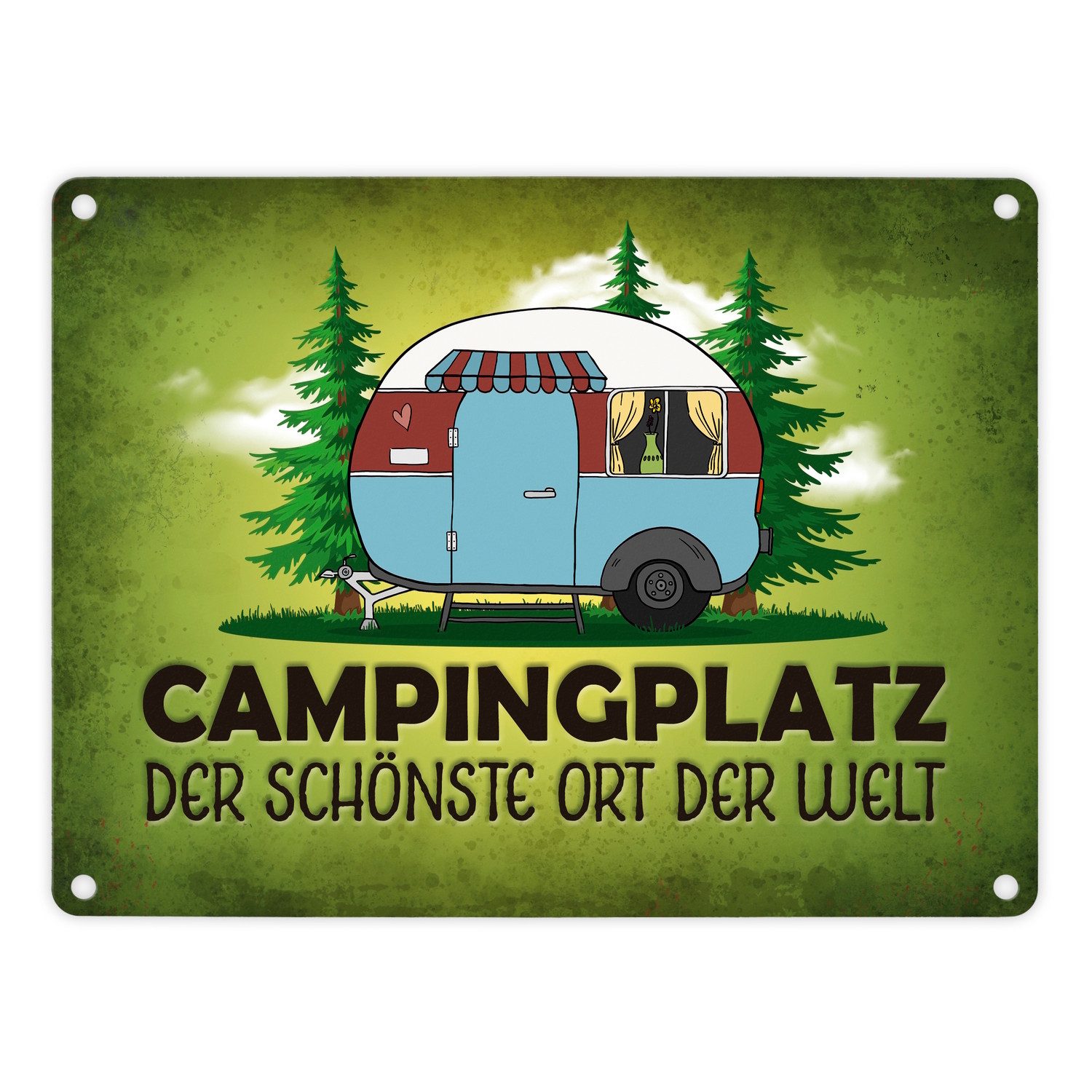 speecheese Metallschild Campingplatz Metallschild in grün mit Wohnwagen Motiv Wohnmobil Hobby