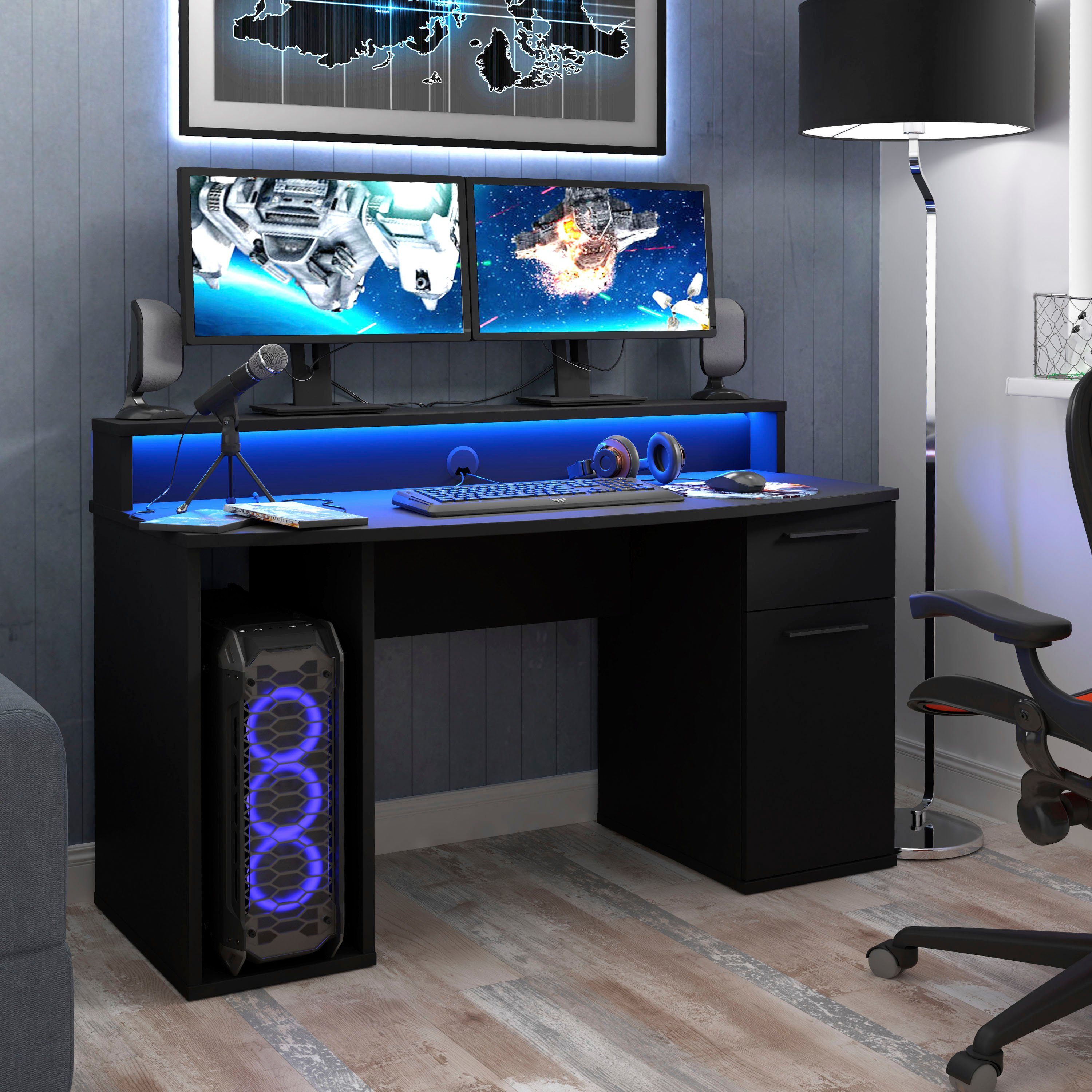 moderner Schreibtisch, Gamingtisch LED-RGB Beleuchtung, Breite 140 cm FORTE mit Ayo,
