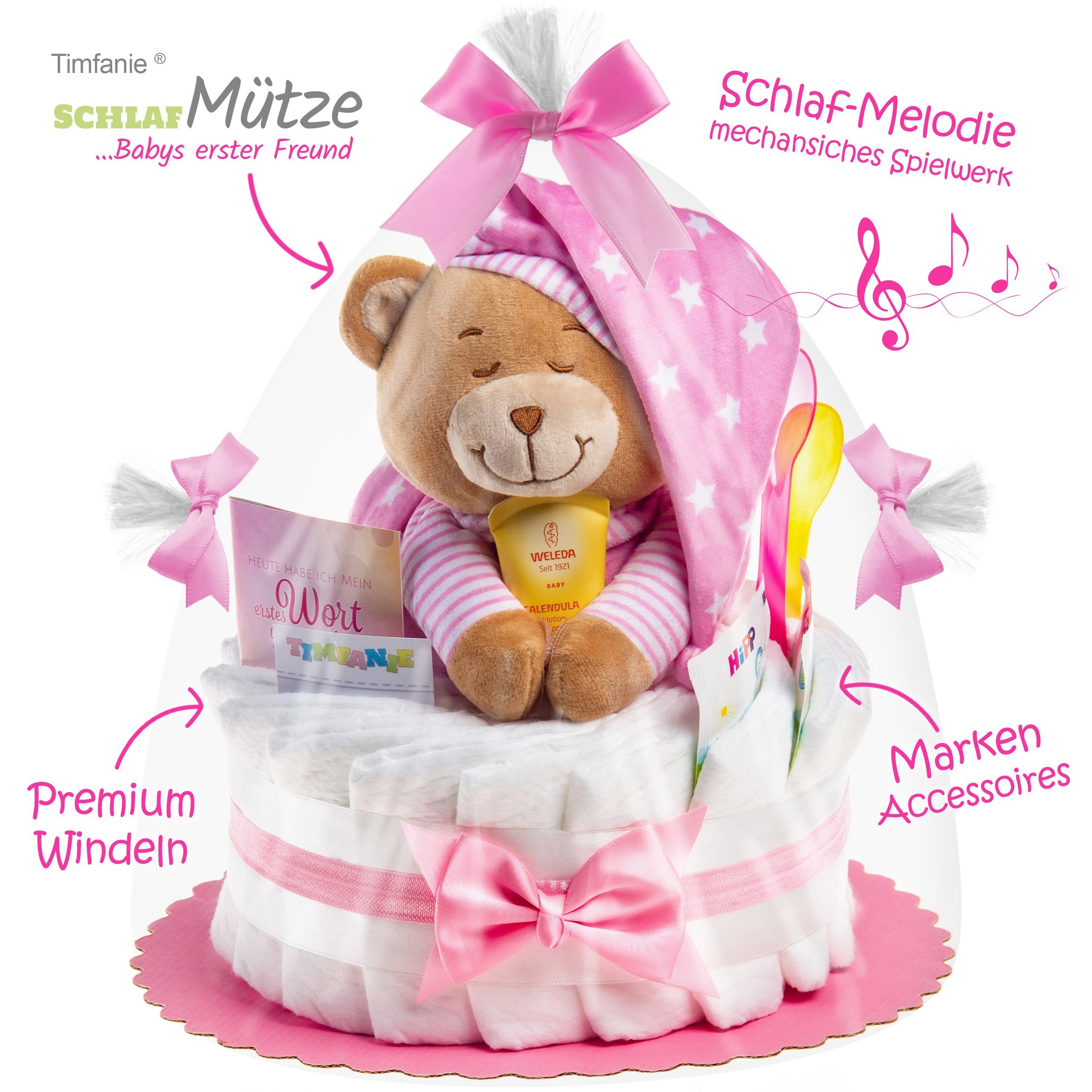 Kinder Mädchen (Gr. 50 - 92) Timfanie Neugeborenen-Geschenkset Windeltorte, Spieluhr Schlafmütze, rosa,  (rosa, 28-tlg., mit Gru