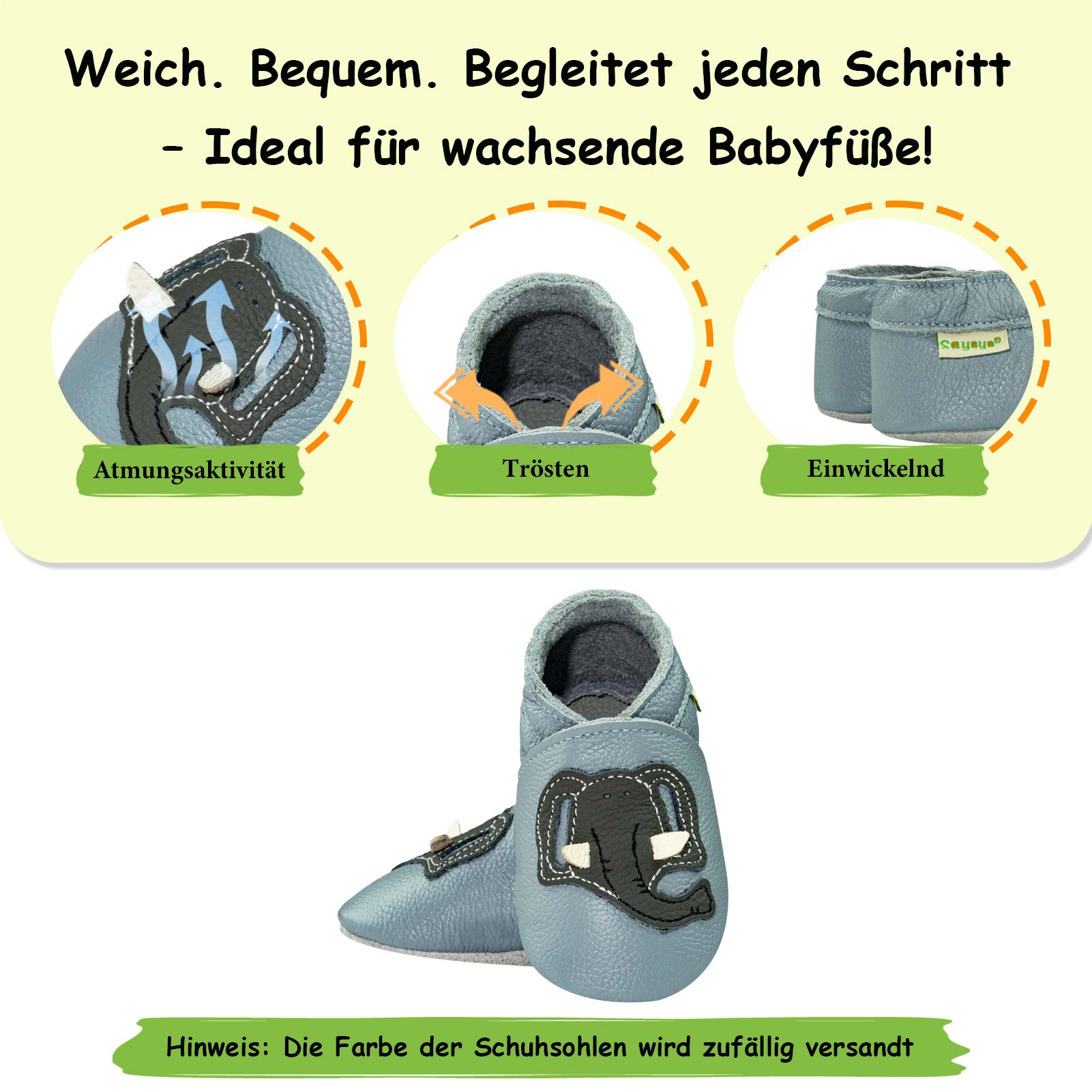 Sayoyo Krabbelschuhe Lauflernschuhe Hausschuhe Lederpuschen Elefant Lauflernschuh (Weiche 100% Leder)