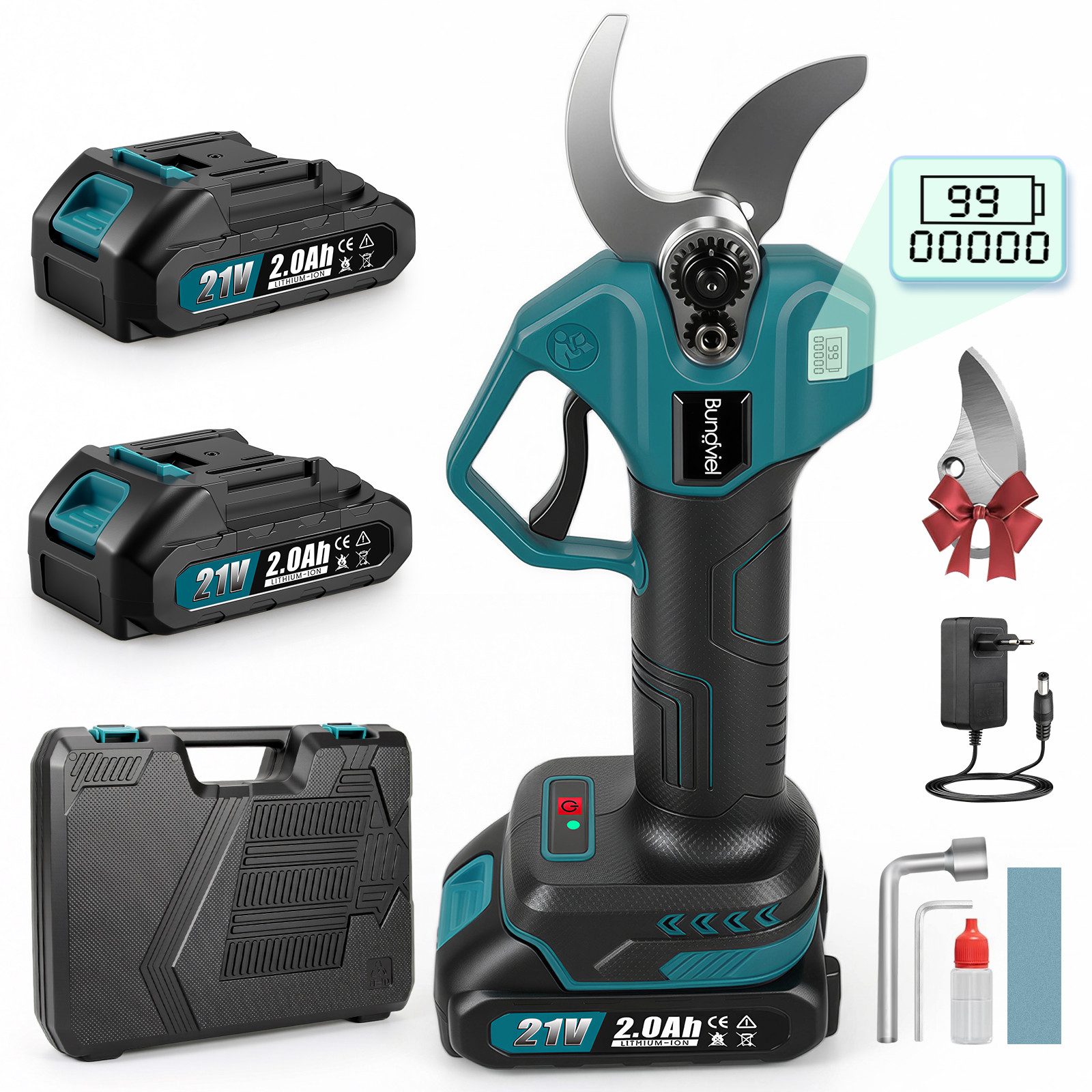 Bundviel Akku-Astschere 21V Elektrische Gartenschere Bürstenloser Motor Baumschere Rosenschere, mit 2x2000mAh Batterien für Garten Äste Obstgärten