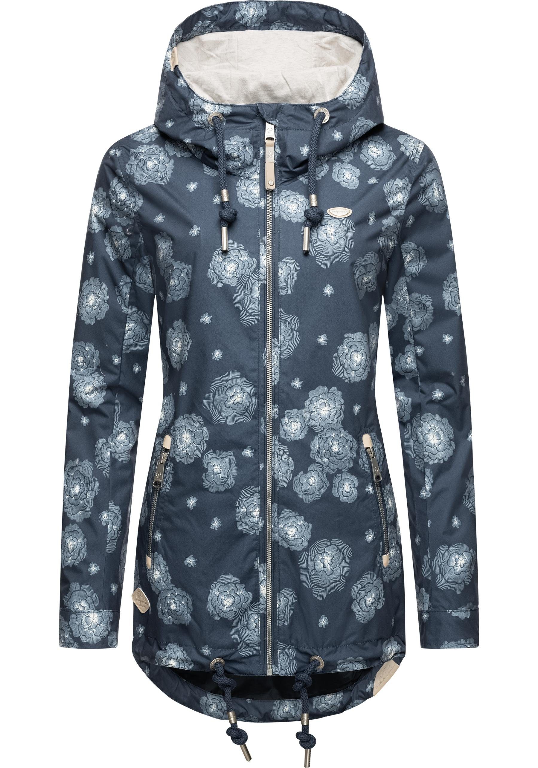 Ragwear Outdoorjacke Zuzka mit stylische Übergangsjacke Kapuze großer indigo Flower