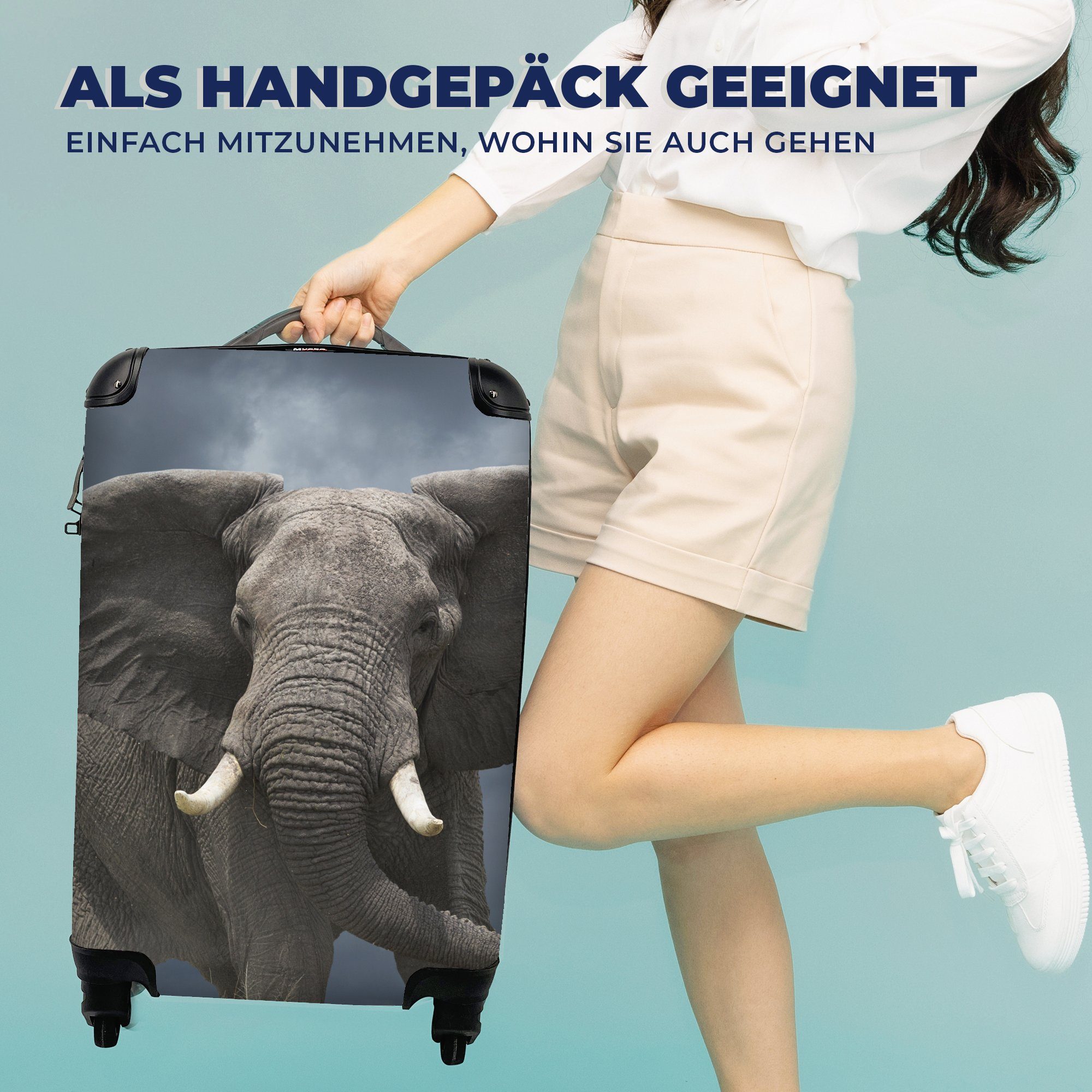 - MuchoWow - Ferien, Wolken Handgepäckkoffer für Handgepäck Reisetasche Tiere Rollen, 4 Natur, Trolley, Reisekoffer rollen, - Elefant mit