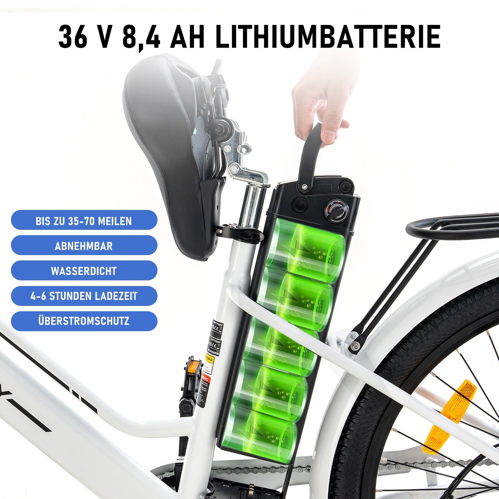 Batterieladegerät/ 26 E-Bike Pumpe/Fahrradschloss 36V Damen Heckmotor, E-Fahrrad Herren für weiss HITWAY 8.4AH Zoll 25km/h,35-70KM,