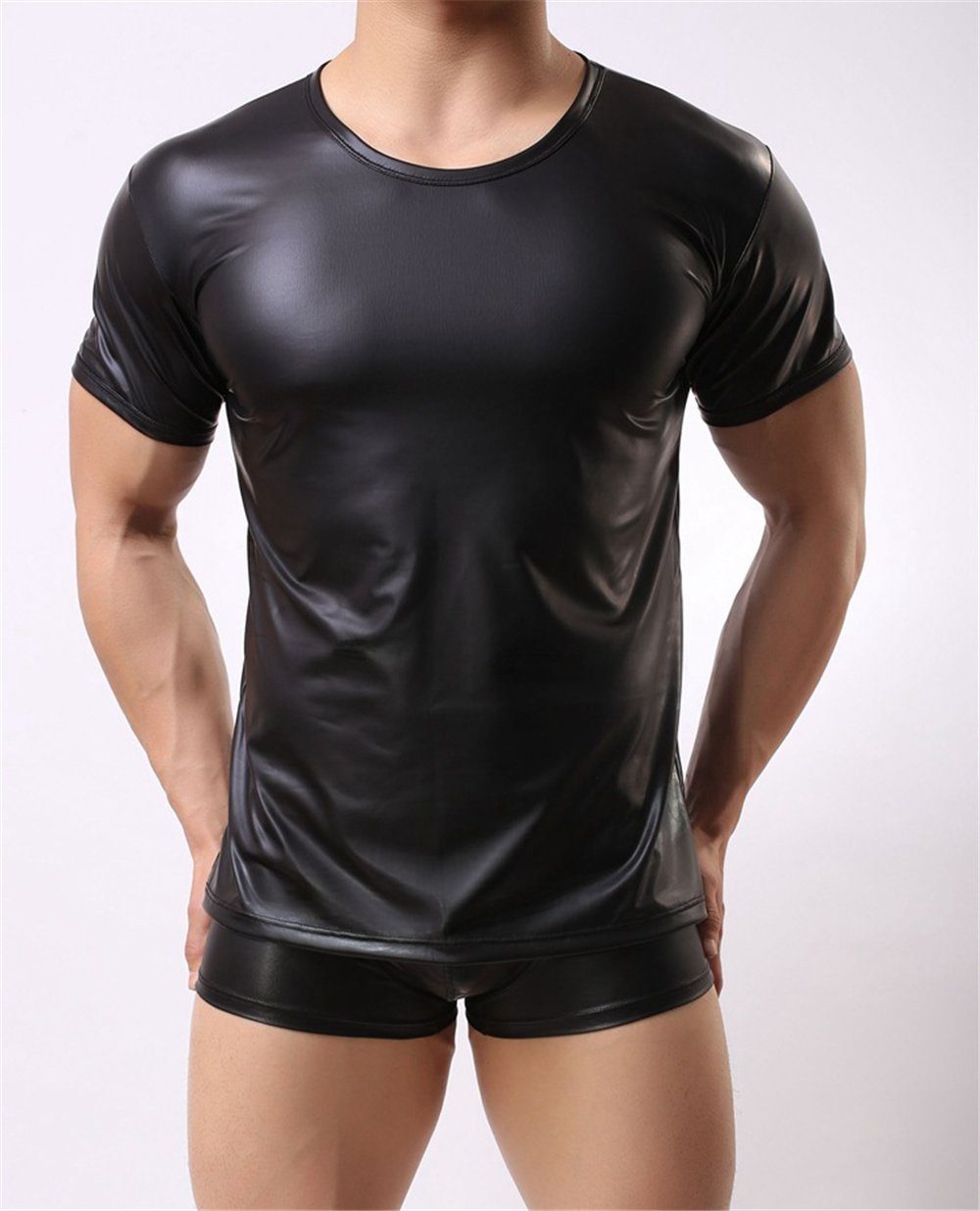 HOTFUN Kurzarmshirt Herren Latex T-Shirt schwarz Leder Optik Männer Shirt  Latex ähnliches