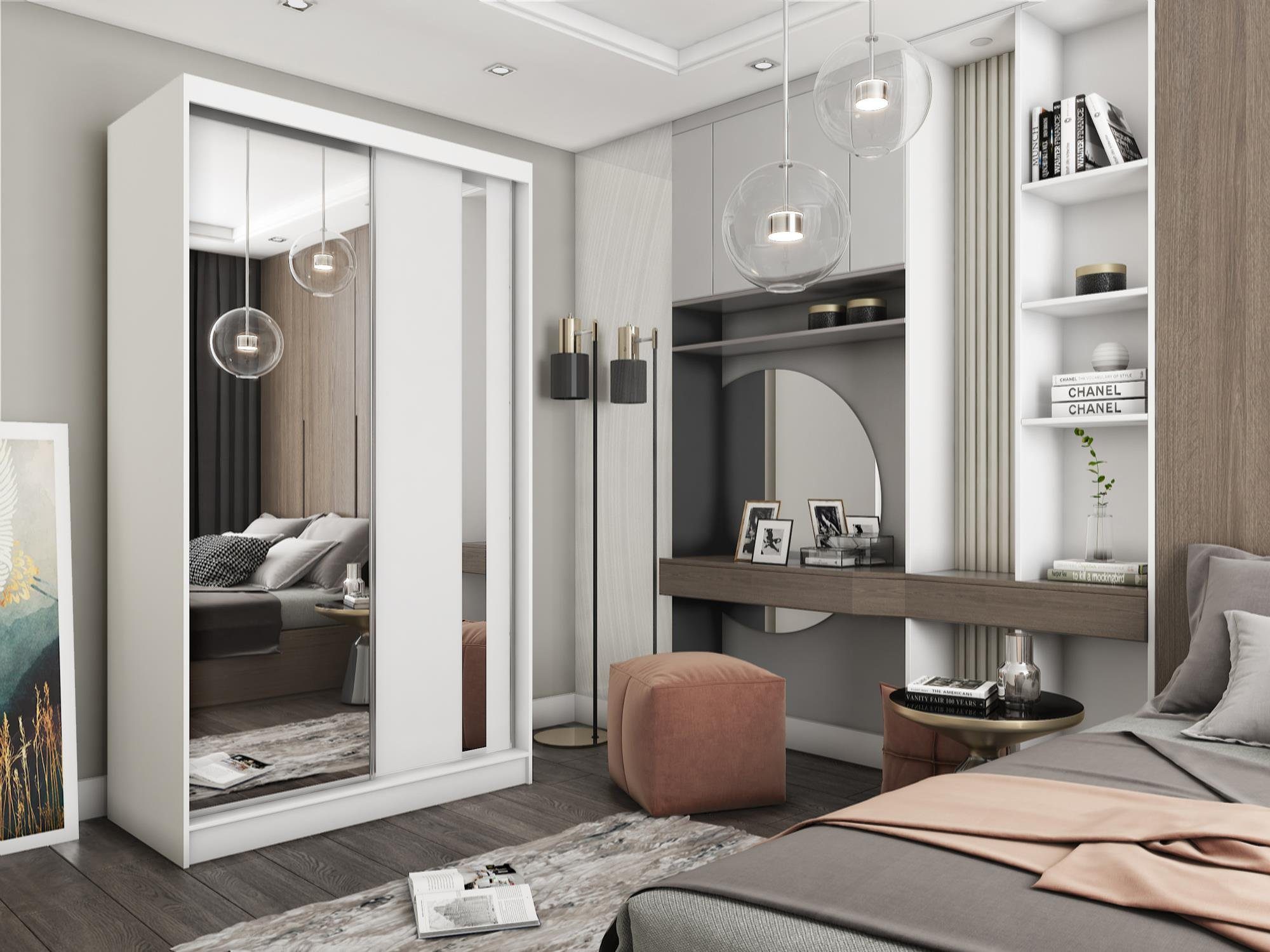 Spiegel, (120, Weiß Schwebetürenschrank Kleiderschrank, mit Garderobe) SANDY Compleo Modern 150 cm breite,