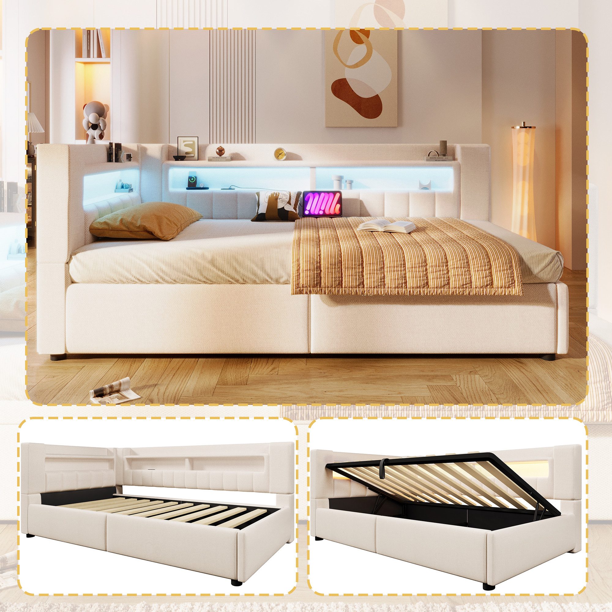 Odikalo Schlafsofa Schlafcouch 90x200 140x200 mit LED und Bettkasten, Hydraulische Lagerungt, Mit USB Typ-C Ladefunktion, LED-Beleuchtung,Sofabett, Einzelbett, Ohne Matratze, Leinen, minimalistischer Stil