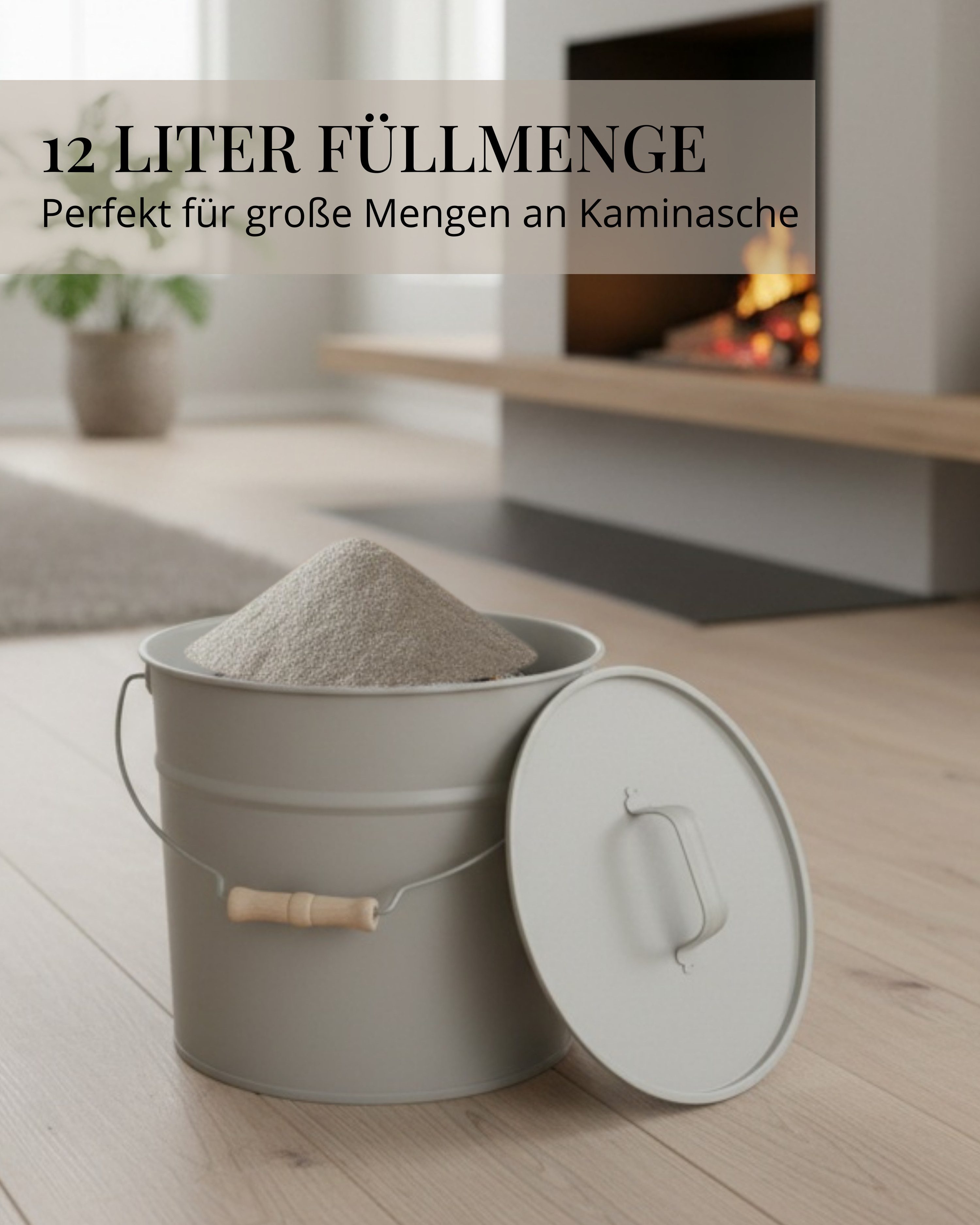 LIVLIG Aschekasten Ascheeimer mit Deckel, Metalleimer, 12L, Matte Pulverbeschichtung, Made in Europe, Deckel mit Holzgriff