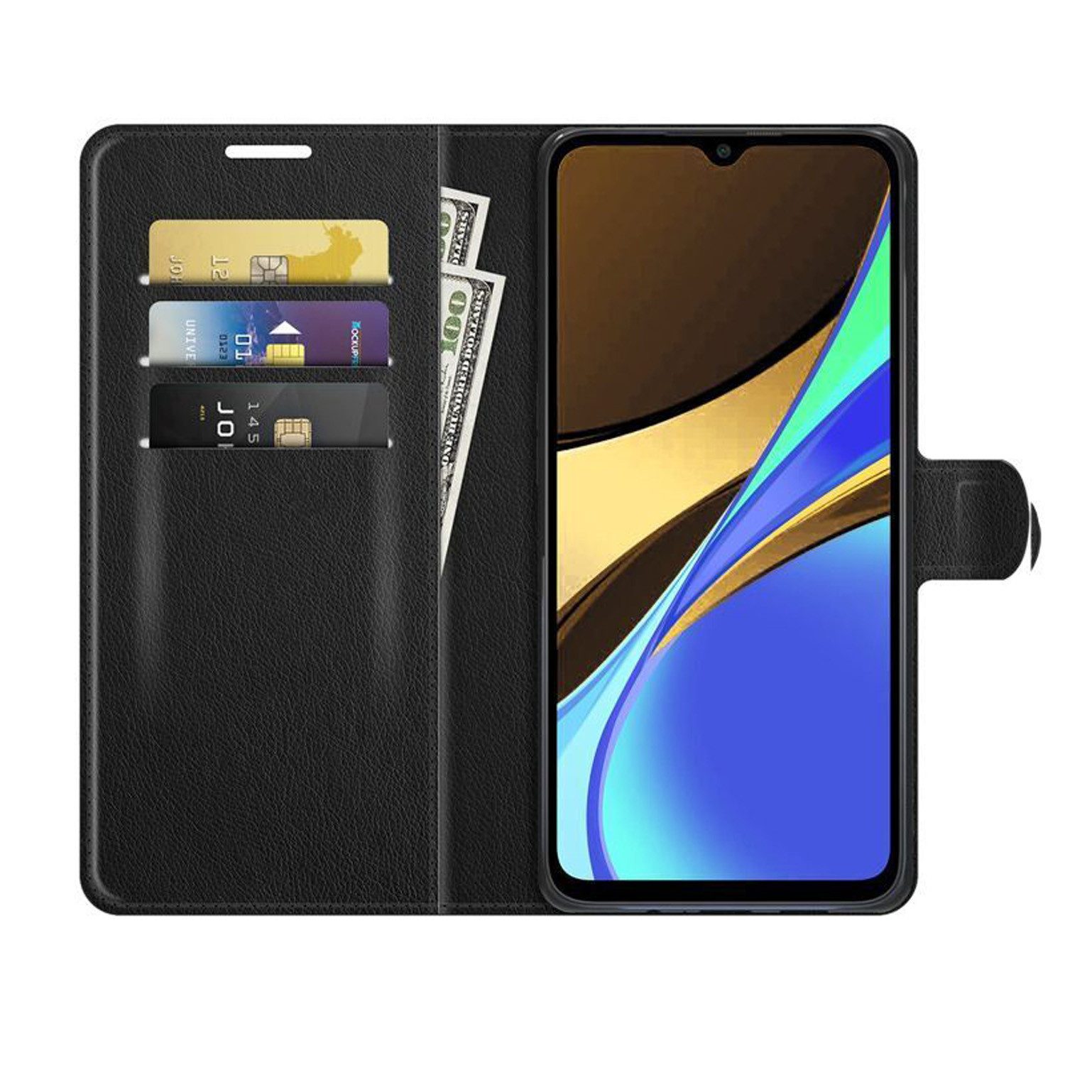 betterfon Handyhülle Handytasche für Xiaomi Redmi 9C Klapphülle Schwarz, 3 Kartenfächer, Magnetverschluss & Standfunktion im Lederlook