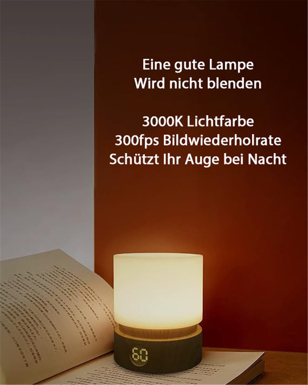 LED Time LED-Nachtlicht Dimmbares, mit Buchenmaserung und Nachtlicht Akku K&B wiederaufladbares