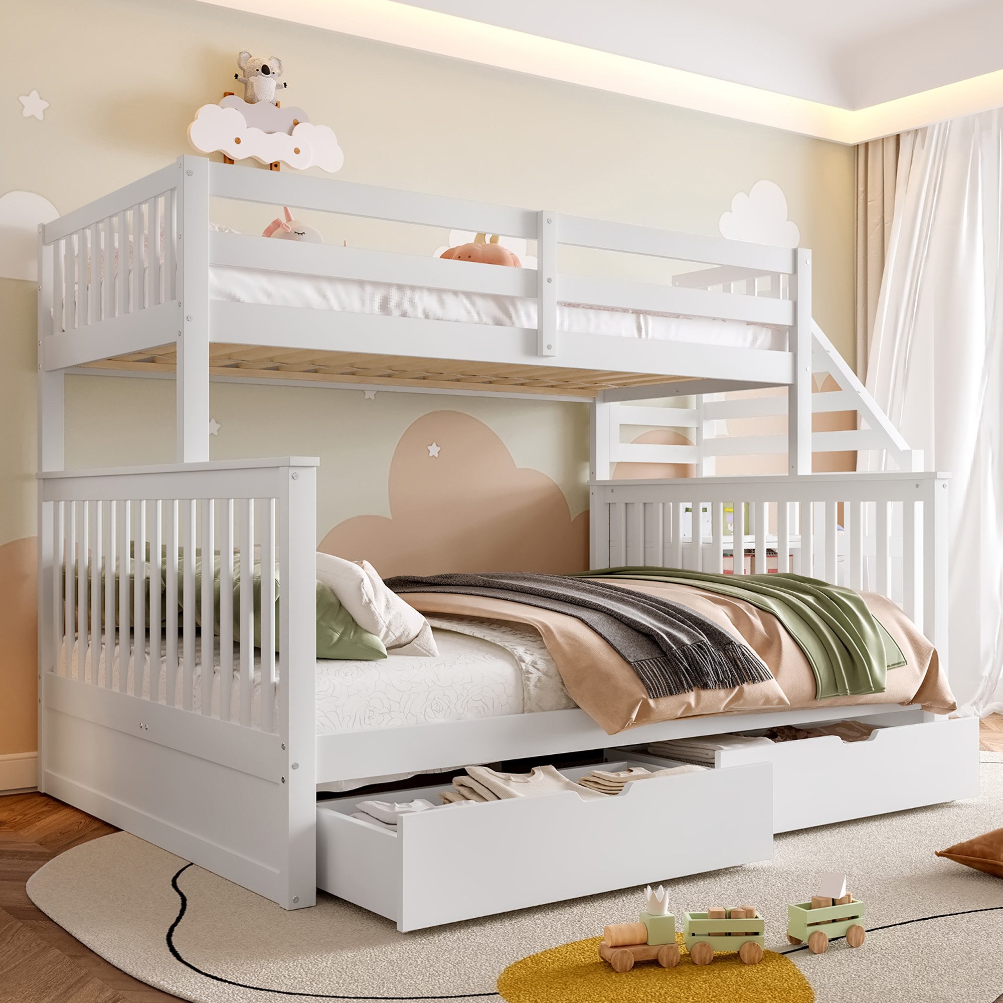 HAUSS SPOLE Bunk Bed 90/140x200 with Railing & Drawers, Youth Bed Frame with Stairs (with Storage and Drawers, Safety Rail, Multifunctional, Robust Design, 90 x 200 & 140 x 200 cm), without Mattress