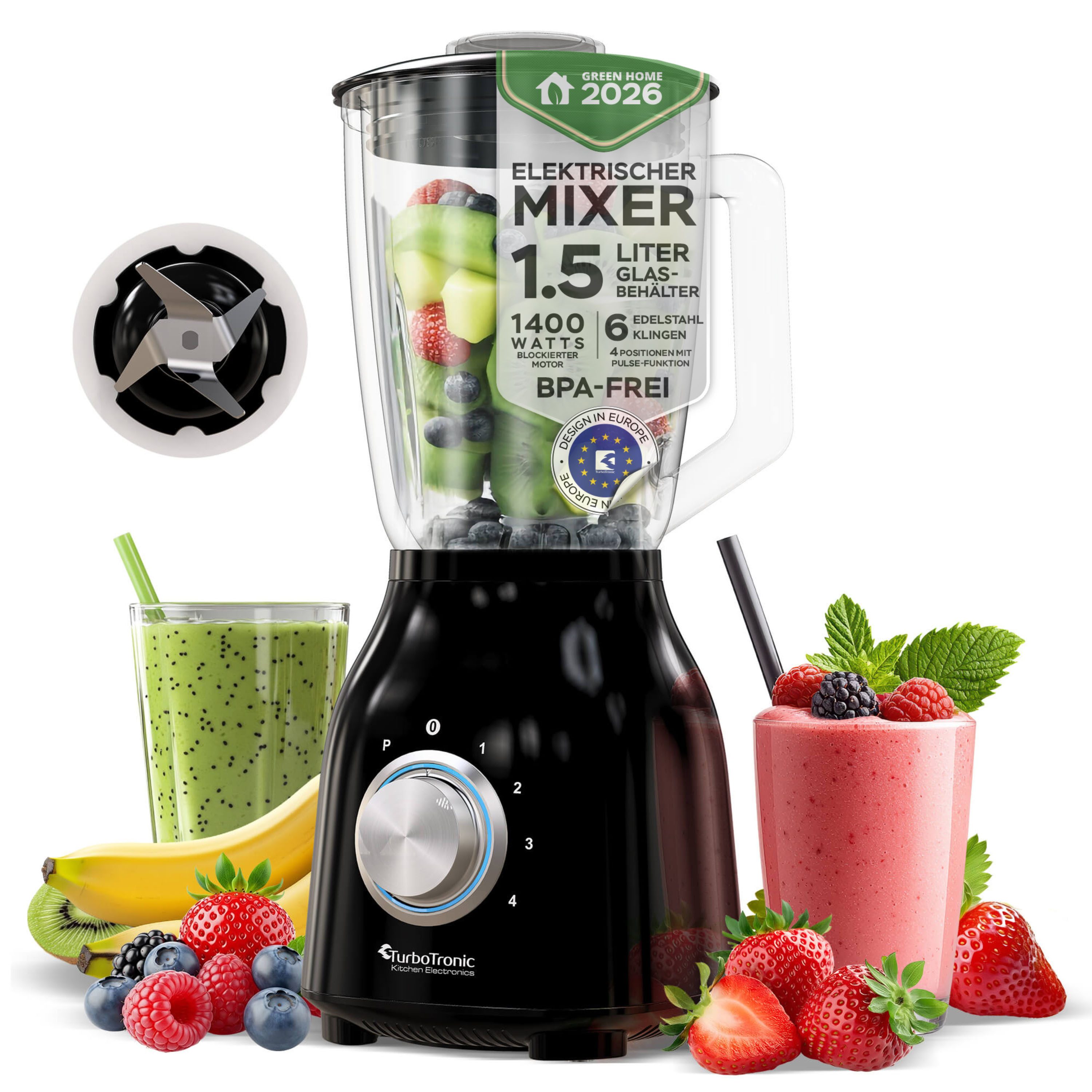TurboTronic by Z-Line Standmixer 1,5 L Glasbehälter - Hochleistungsmixer Smoothie Maker Juice Blender, 1400 W, 4 Edelstahlklingen Milchshaker Sauce Eiscreme Pulsfunktion Ice Crusher
