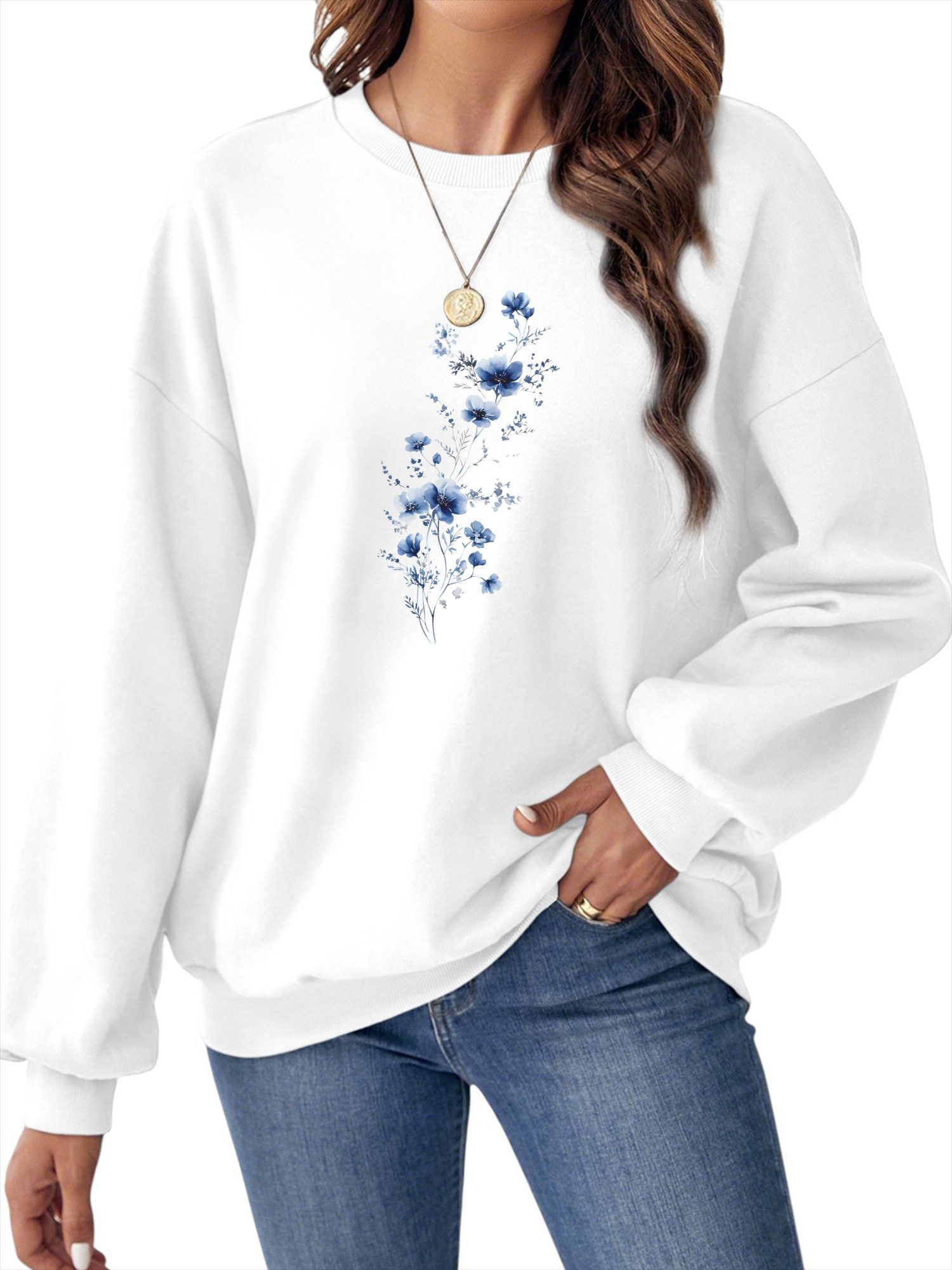PYLIKE Fleecepullover Fleecepullover Damen,Sweatshirt mit Blumen Print,Lang günstig online kaufen