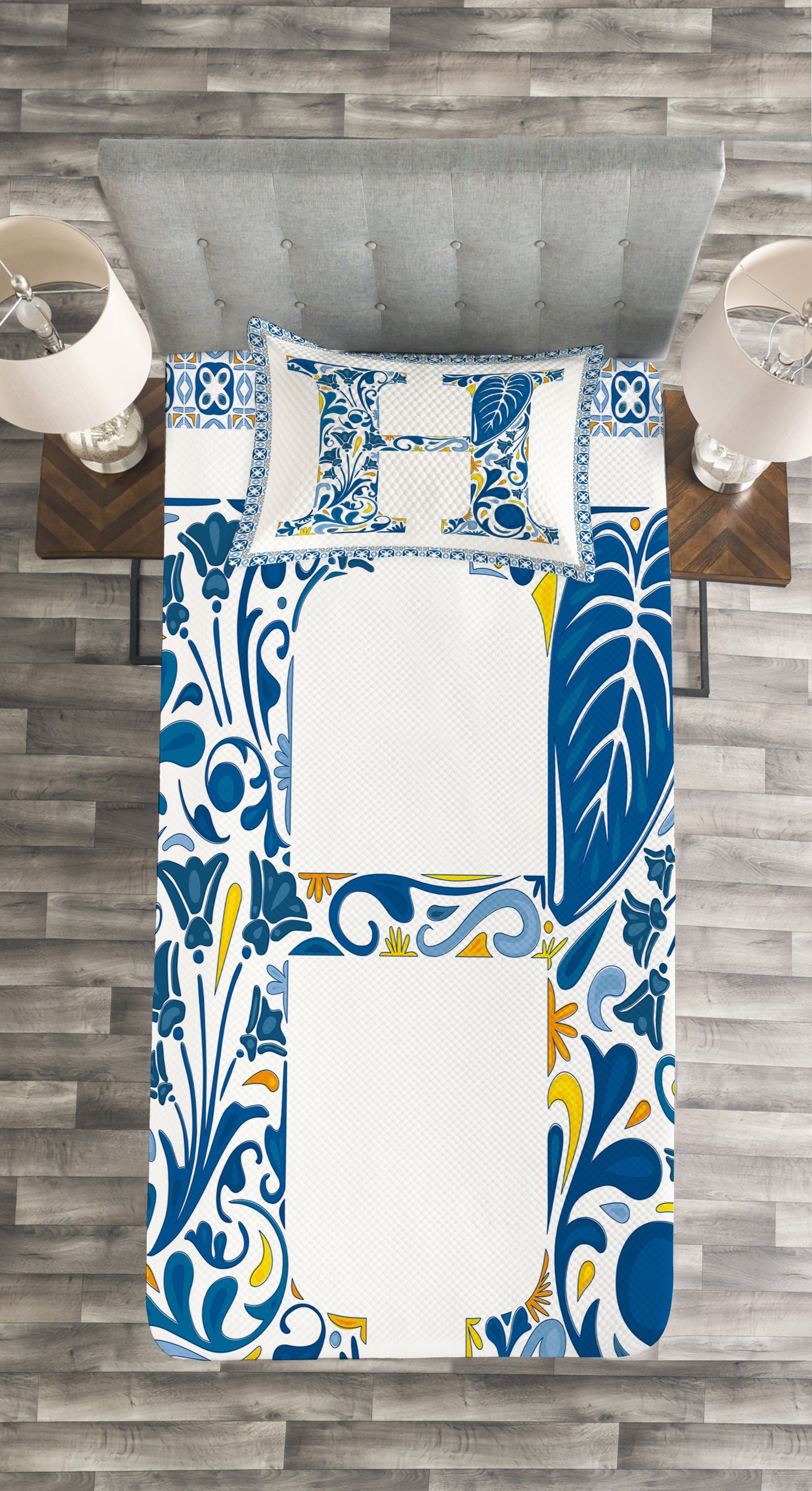 Tagesdecke Set mit Kissenbezügen Waschbar, Buchstabe H Abakuhaus, Azulejo Rahmen