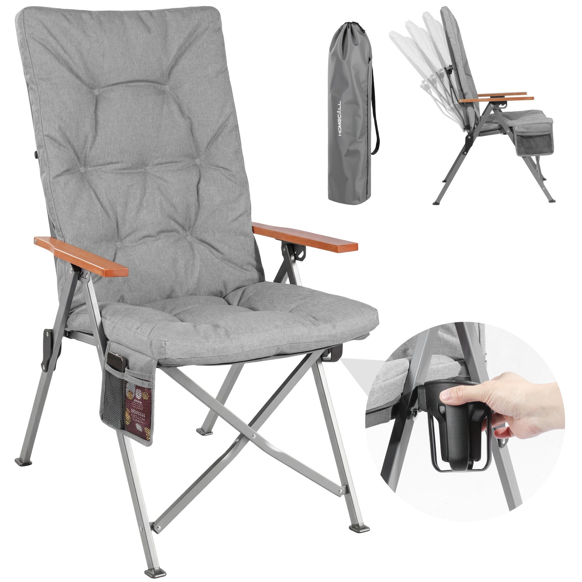 HOMECALL Campingstuhl Faltbar Hochlehner Luxus Klappstuhl mit 4,5cm Dicke Gepolstert (150kg Belastbar mit 4 Positionen Verstellbar Angelstuhl, 1 St), für Garten Balkon Wohnmobil