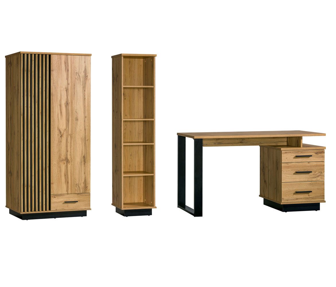 Feldmann-Wohnen Jugendzimmer-Set Lamia, (mit Türen, mit Einlegeböden, mit Schubladen, 3-tlg., Kunststoffgriffe in schwarz, Front mit dekorativen Lamellen), 3-teilig Eiche Wotan schwarz
