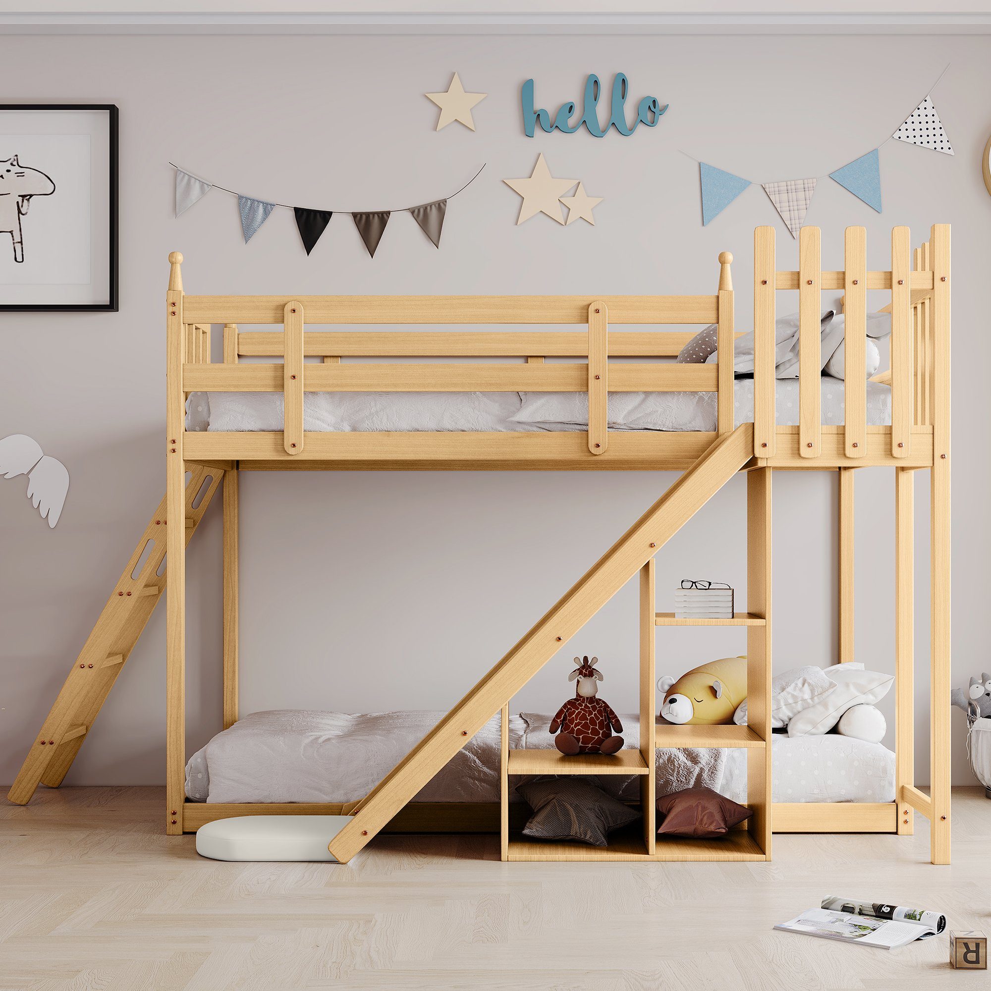 REDOM Kinderbett mit Gitter, Gästebetten, aus Holzbett, Kiefer), mit Zäune, Rutsche und Fallschutz Bett, Bettvorhang, und natur Ohne Matratze Etagenbett, und Rahmen Hausbett Regal, 90x200cm, Treppe (mit