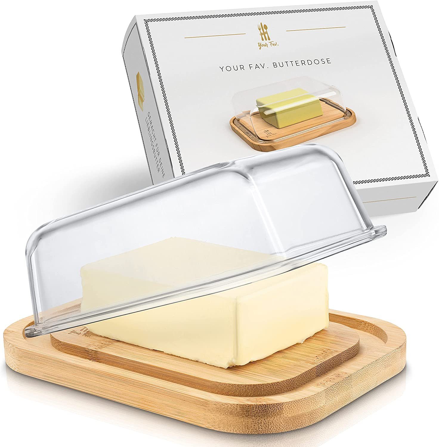 your Fav . Butterdose Your Fav . Premium Butterdose aus Glas Deckel mit nachhaltigem Bambus für 250g Butter - Hochwertiger Butterbehälter - Glas mit Decke - Butter Dish aus Borosilikatglas mit Bambus Holz Deckel, Glas und Bambus