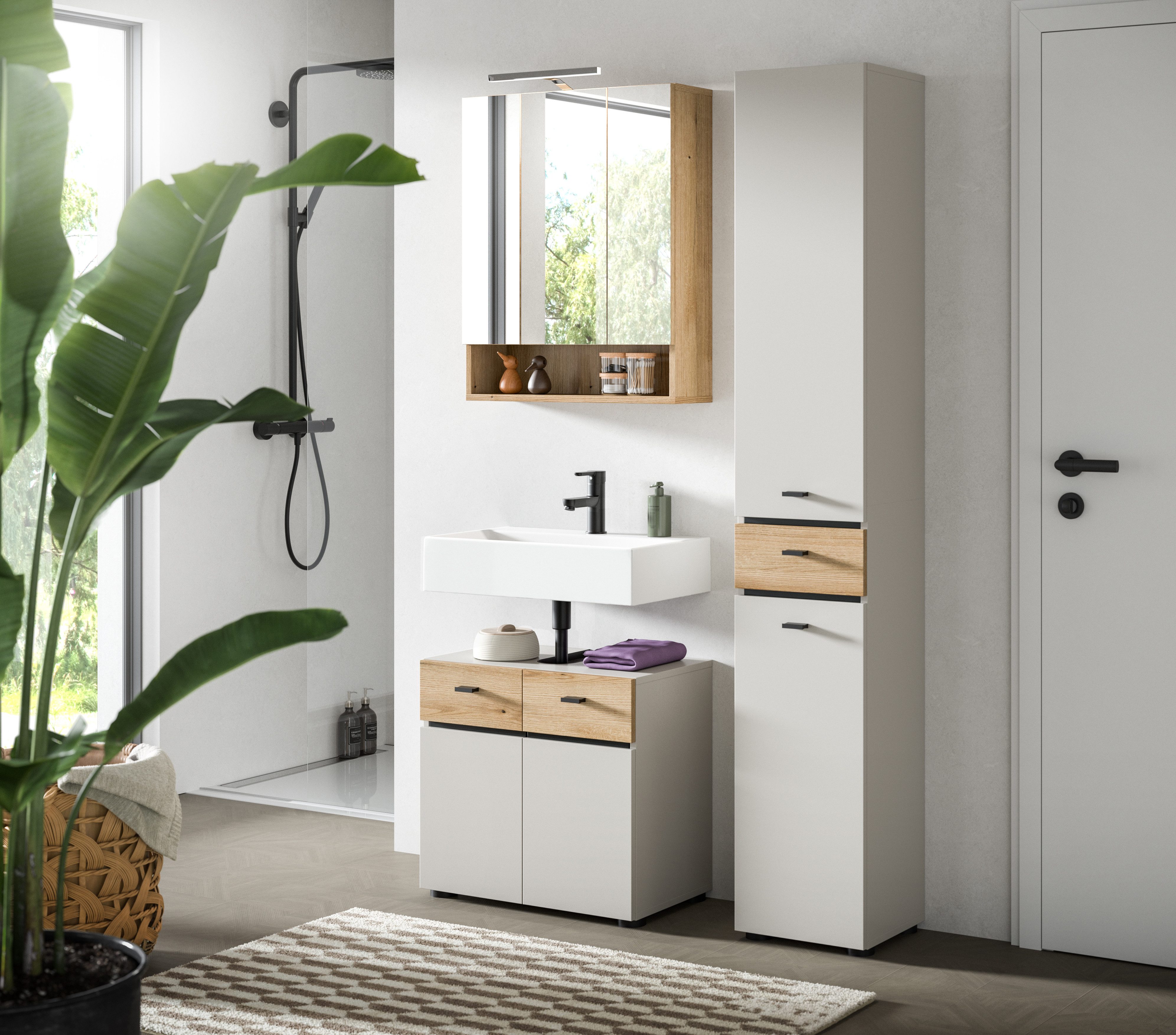 welltime Badmöbel-Set VANN, 3-teilige moderne Badkombination, inkl. Beleuchtung, (3-St., Waschbeckenunterschrank, Spiegelschrank inkl. Beleuchtung, Hochschrank), Bad-Kombination, Bad-Möbel, Badezimmer, Kombination, Kombi, Bad-Set