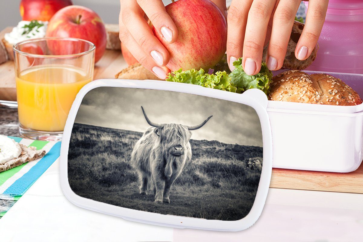MuchoWow Lunchbox Schottischer - Kinder Brotbox Wolken Kuh weiß und für Natur, und für - Tiere Jungs Hochländer (2-tlg), Kunststoff, Erwachsene, - - Brotdose, Mädchen