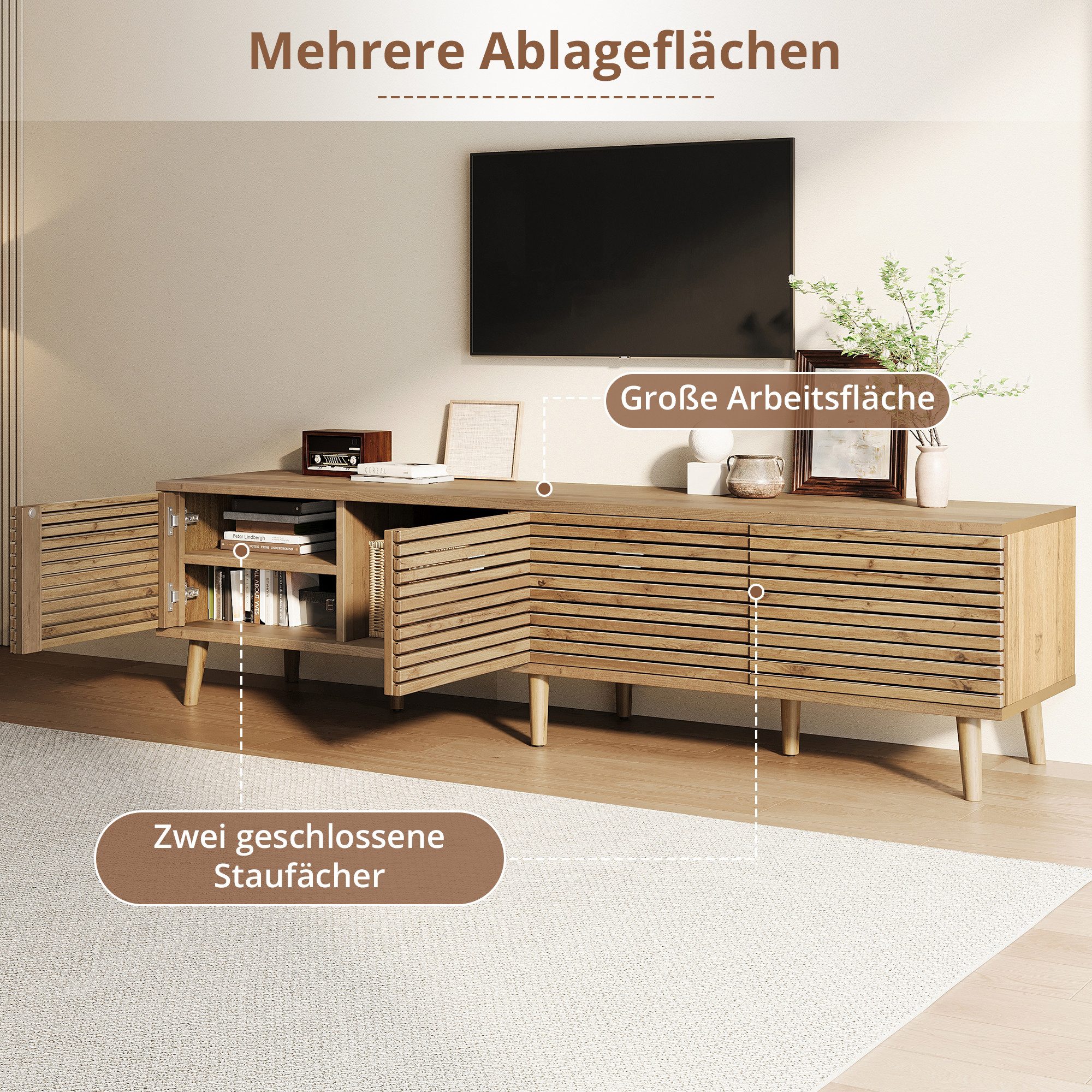 Merax Lowboard mit 4 Türen im Zaun-Design, 6 Staufächern & Stauraum (Fernsehtisch aus MDF und Spanplatte in Holzoptik, 1 St), TV-Schrank mit Kabeldurchführung & – Bild 4 von 5