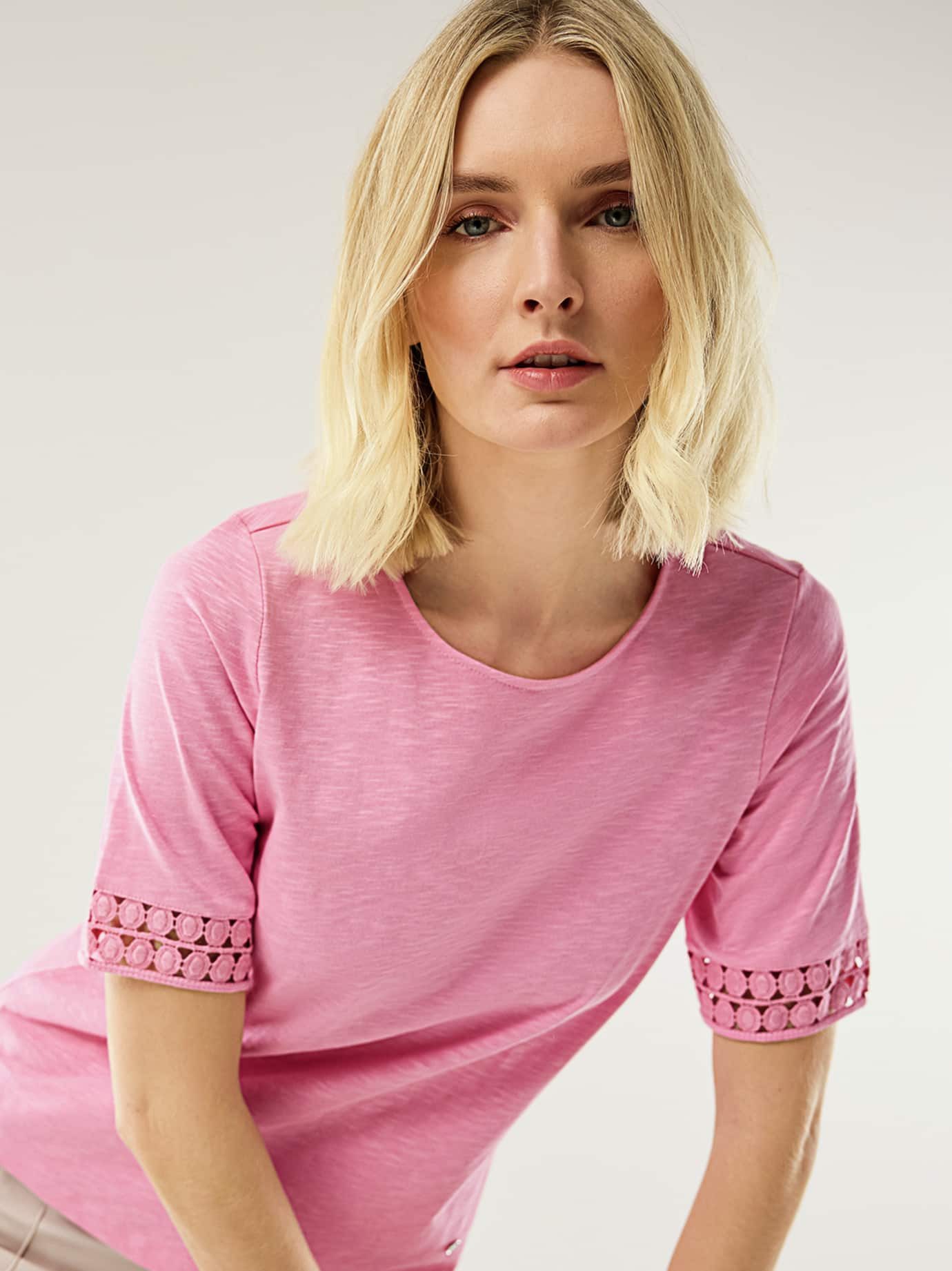 Walbusch T-Shirt Damen Baumwollshirt Dekospitze T-Shirt Rundhals Kurzarm Regular-Fit Halbarm, Rundhals