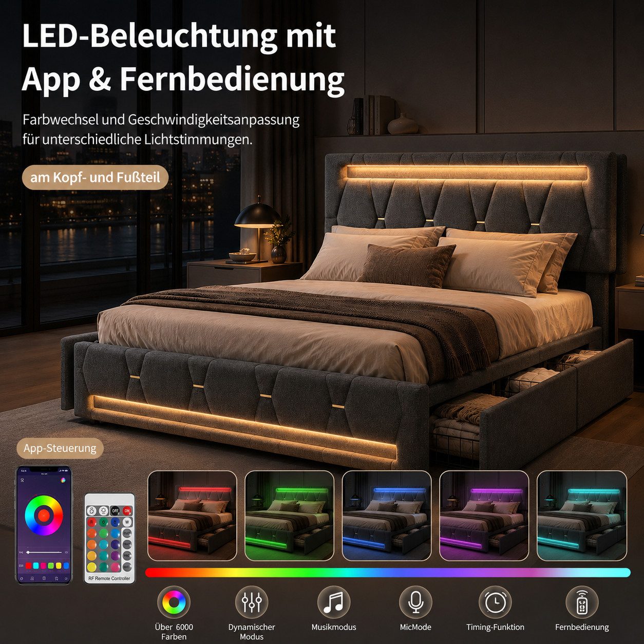 Simurq Polsterbett Polsterbett 140x200 Doppelbett Leinen Grau mit RGB LED & 4 Schubladen (Bettgestell mit 4 Schubladen, Bettgestell mit 4 Schubladen) – Bild 4 von 5
