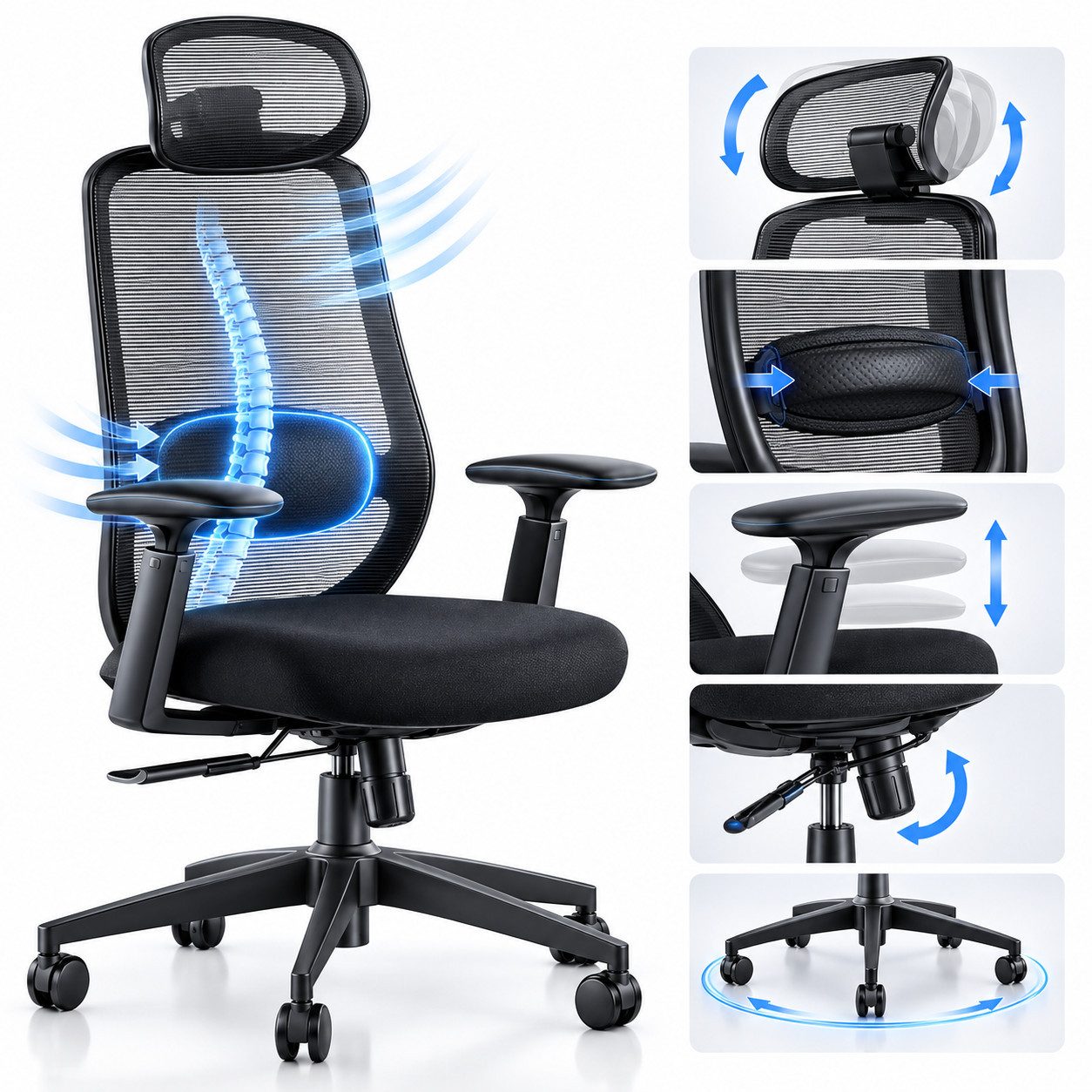 ProtoArc Bürostuhl EC200 ergonomisch, mit Sitztiefenverstellung, Lordosenstütze,3D-Kopfstütze, 2D-Armlehnen, 90–130° neigbar
