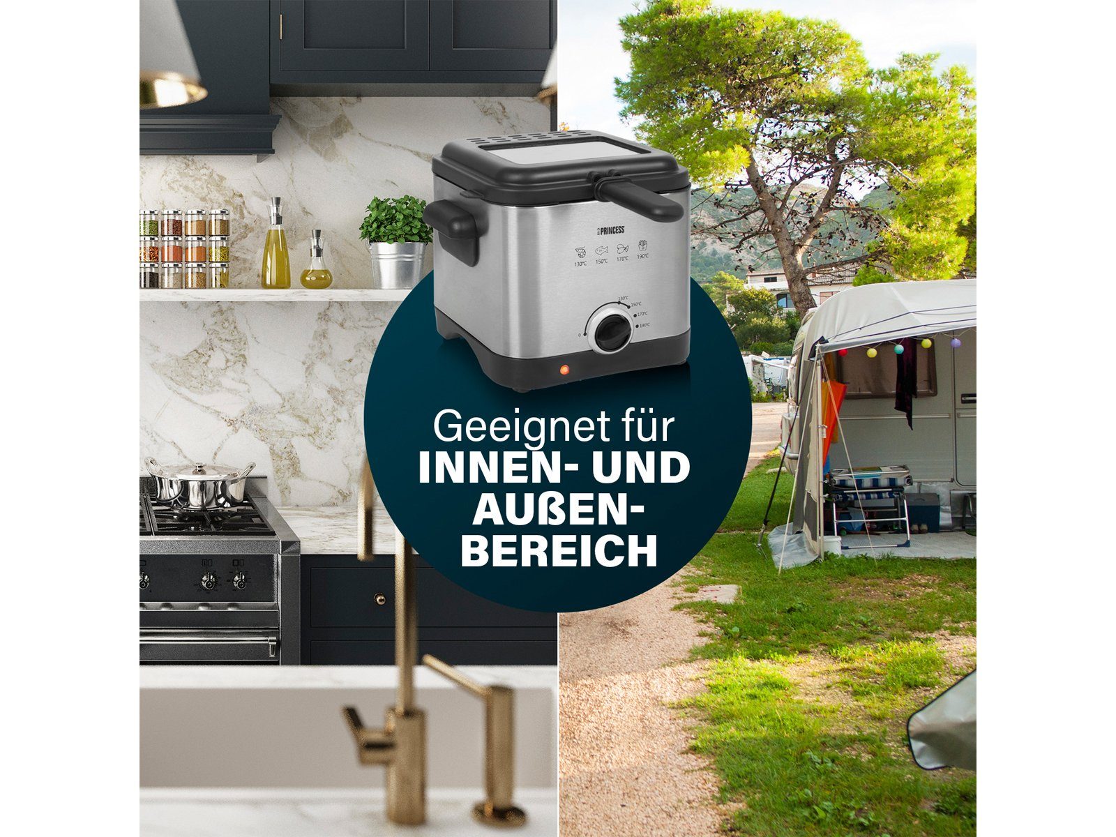 PRINCESS Fritteuse, 1000 W, Kleine Mini Öl-Fritöse mit Geruchsfilter, regelbarer Thermostat Silber