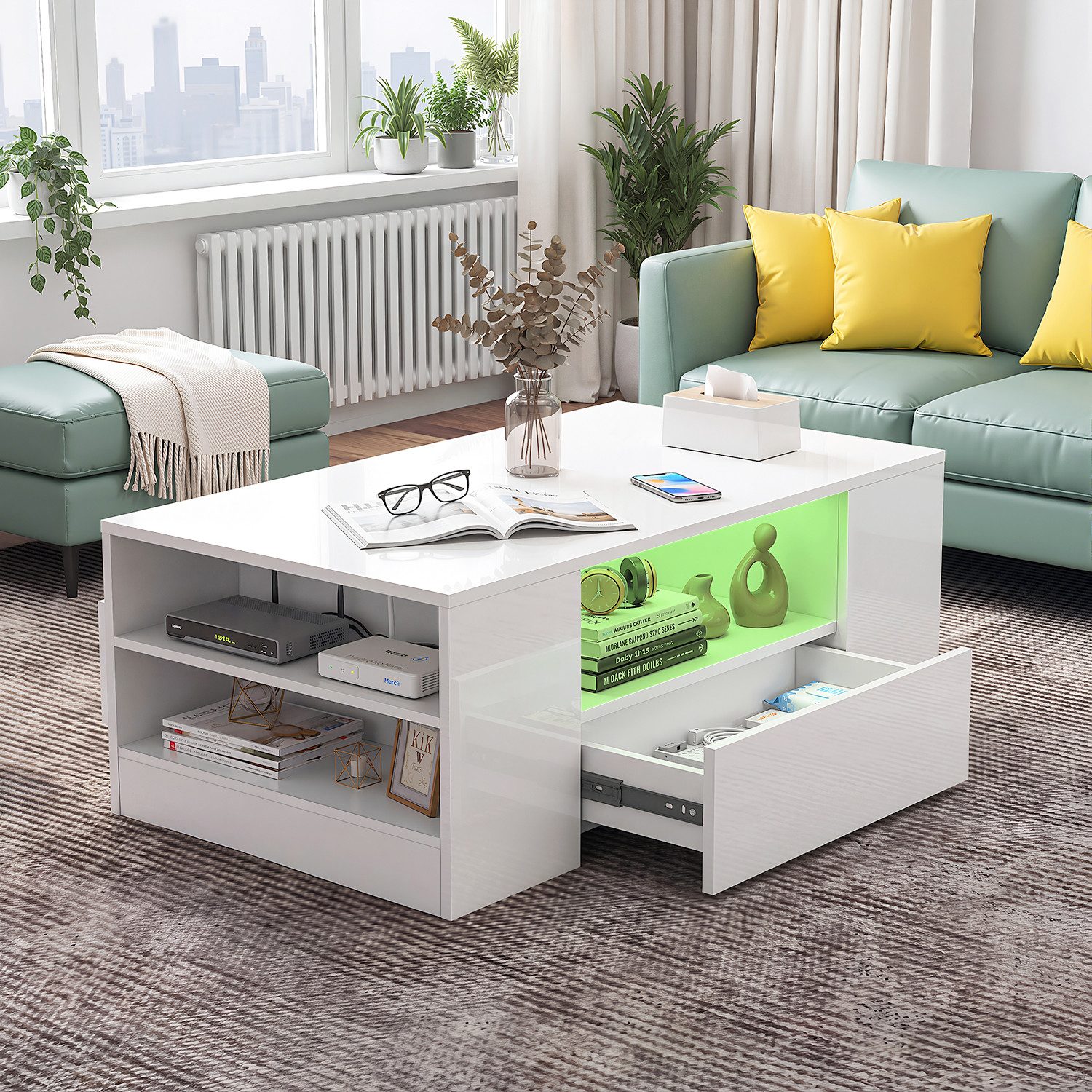 oyajia Couchtisch Hochglanz couchtisch Sofatisch mit LED-Beleuchtung Verstellbare Farben (1-St, Modern Sofatisch Wohnzimmertisch mit 2 Schublade und 2 Regalsofa – Bild 2 von 5